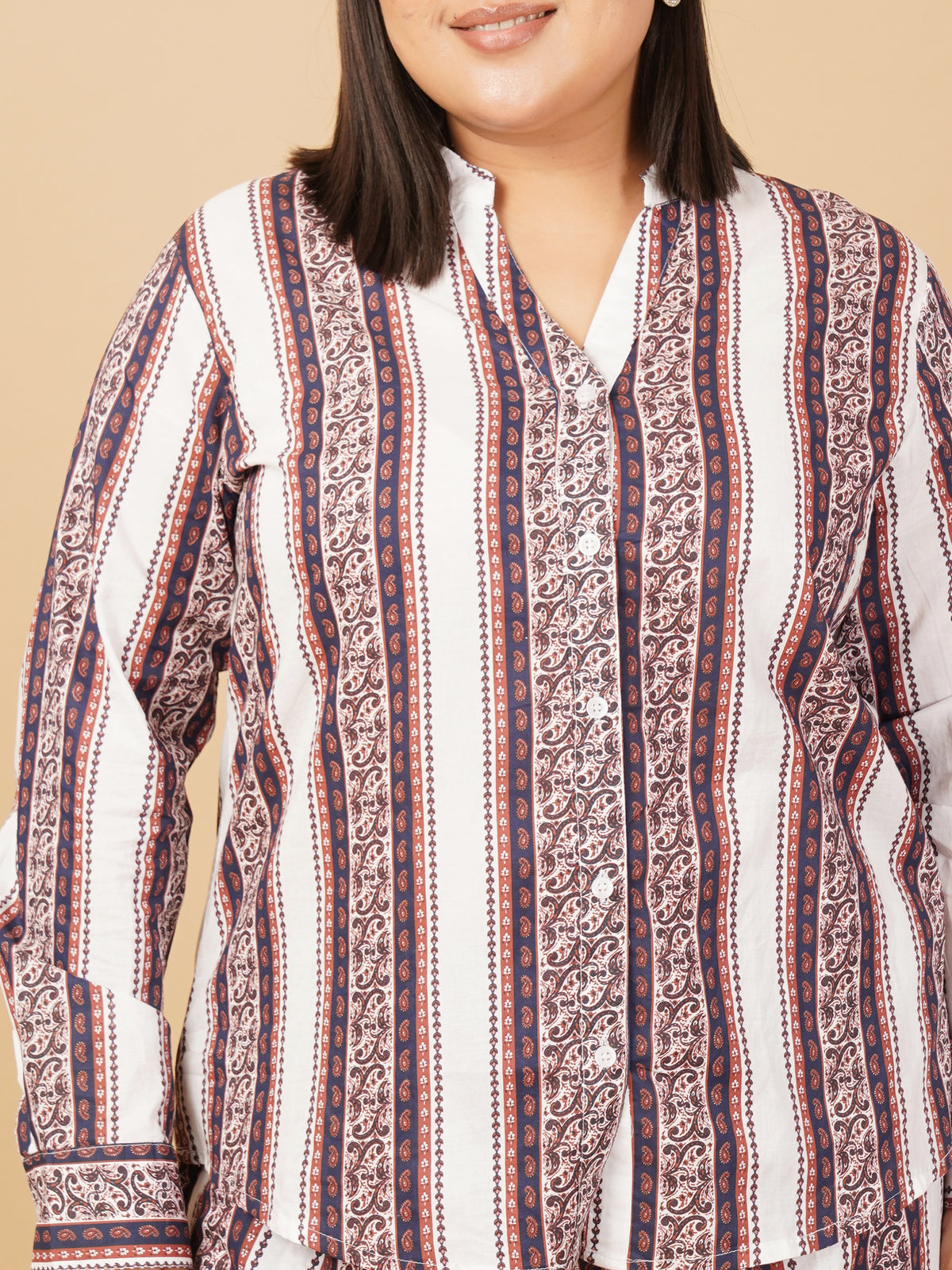 U&F Beyond Women Plus Size 100% Cotton Striped Printed Co-Ord Set with Shirt Top & Wide Leg Trouser
