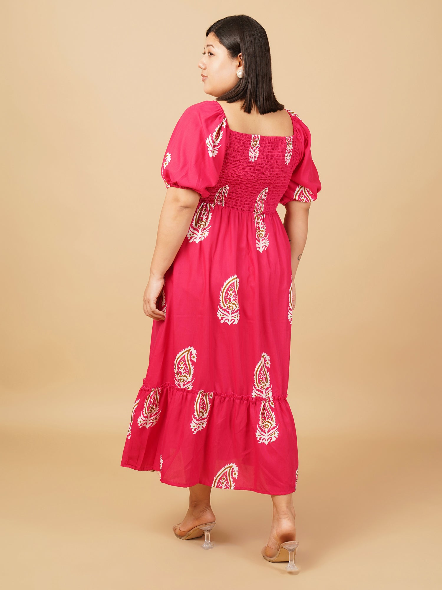 U&F Beyond Rayon Pink Print Puff Sleeve Fit & Flare Midi Dress