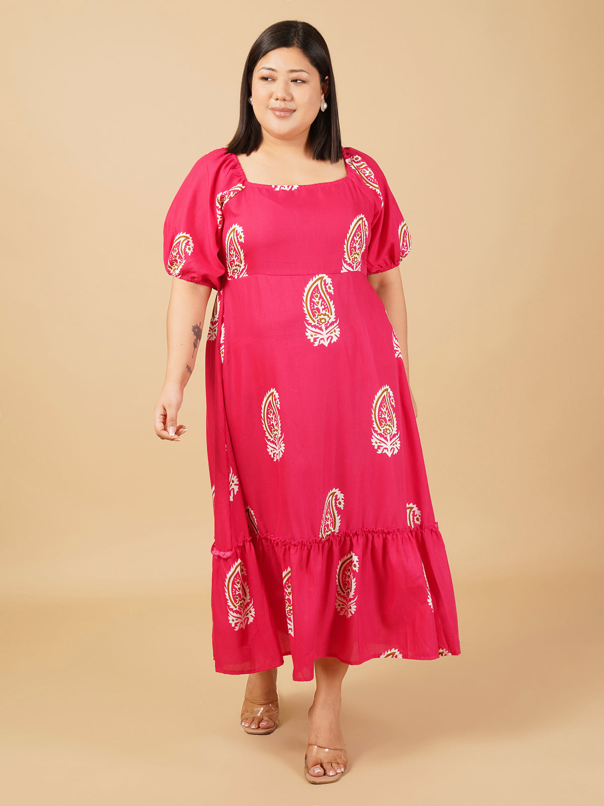 U&F Beyond Rayon Pink Print Puff Sleeve Fit & Flare Midi Dress