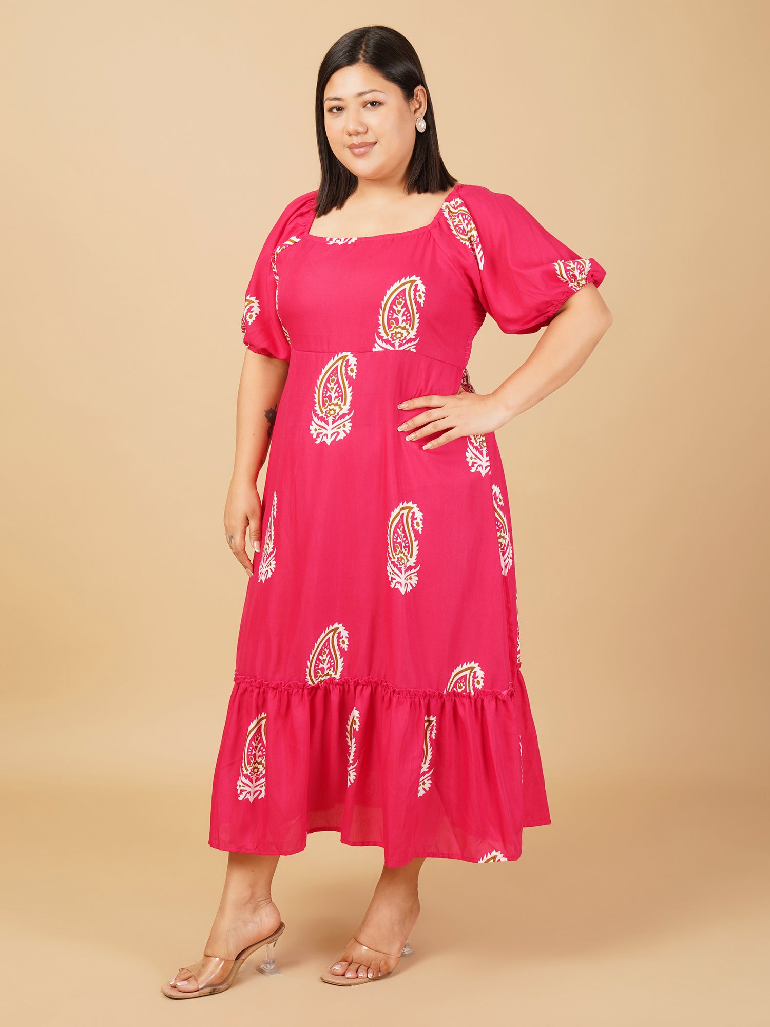 U&F Beyond Rayon Pink Print Puff Sleeve Fit & Flare Midi Dress
