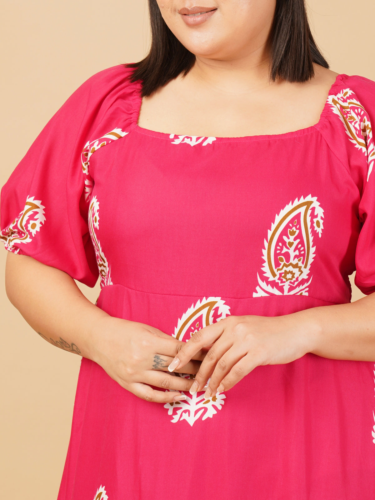 U&F Beyond Rayon Pink Print Puff Sleeve Fit & Flare Midi Dress