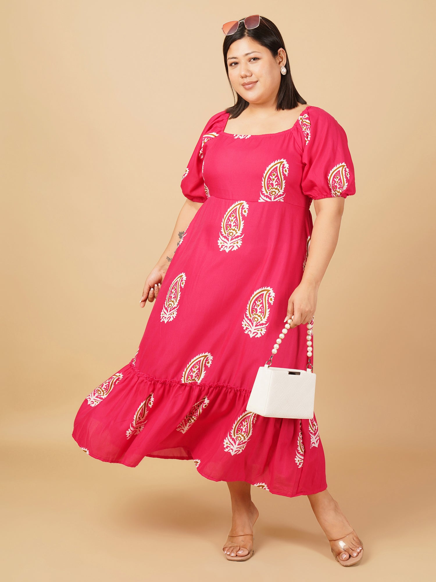 U&F Beyond Rayon Pink Print Puff Sleeve Fit & Flare Midi Dress