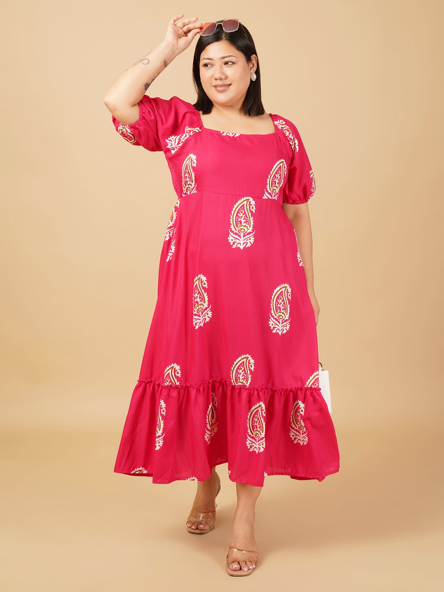 U&F Beyond Rayon Pink Print Puff Sleeve Fit & Flare Midi Dress