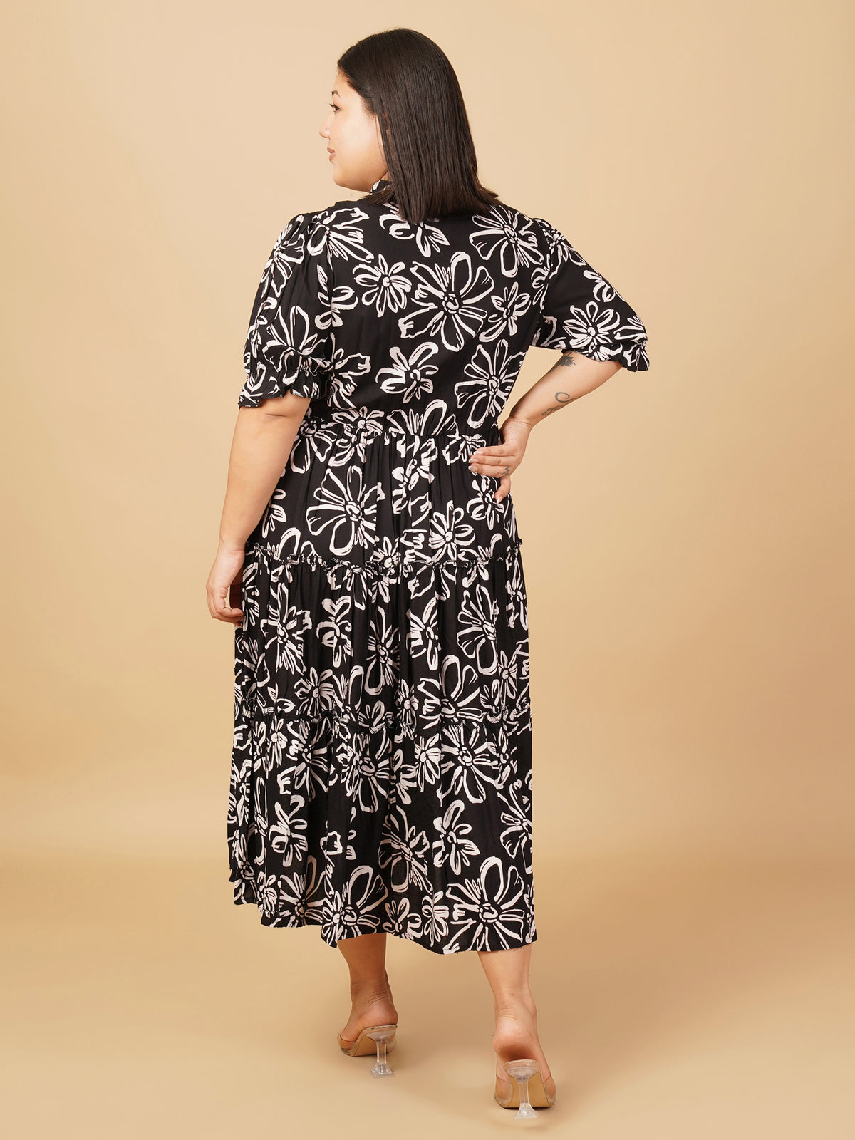 U&F Beyond Plus Size Rayon Black Maxi Dress with Mandarin Neck and Ruffle Sleeves