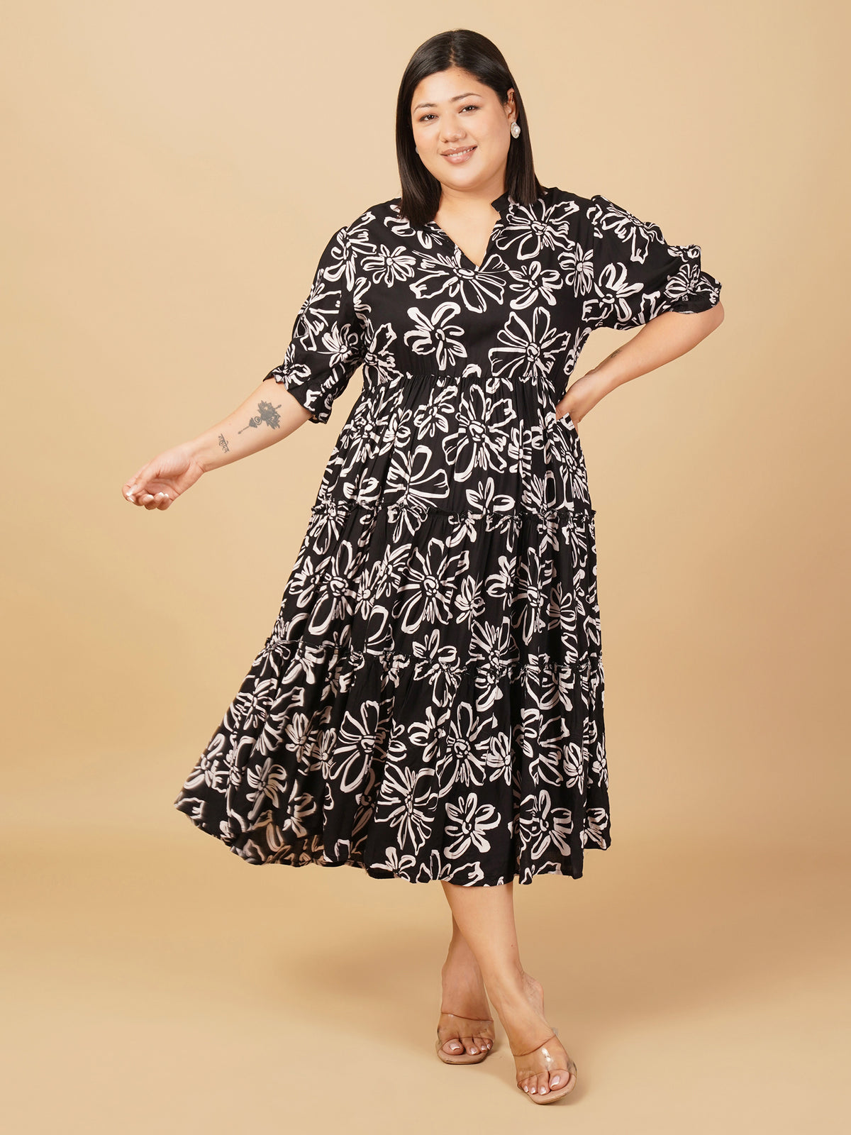 U&F Beyond Plus Size Rayon Black Maxi Dress with Mandarin Neck and Ruffle Sleeves