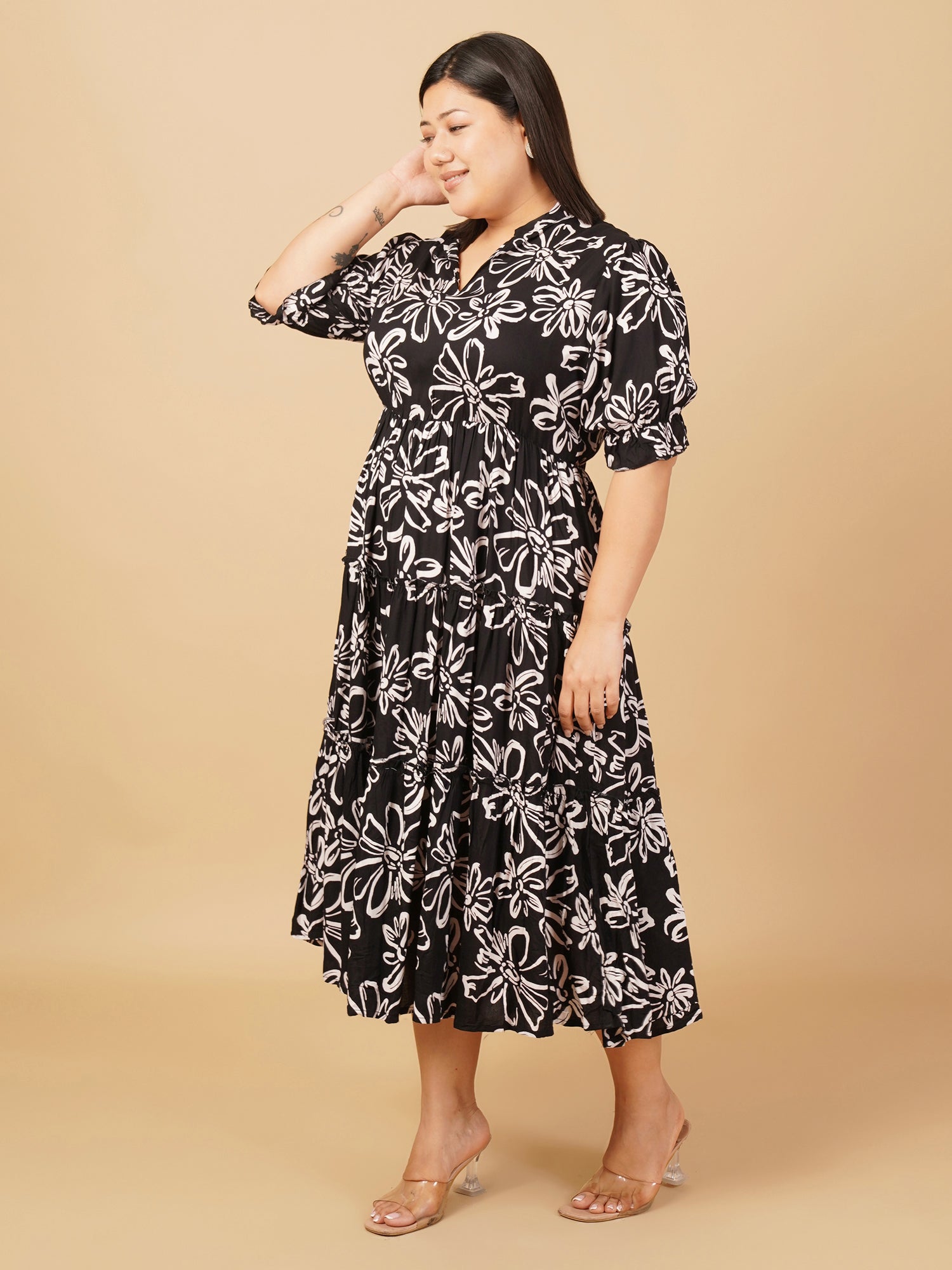 U&F Beyond Plus Size Rayon Black Maxi Dress with Mandarin Neck and Ruffle Sleeves