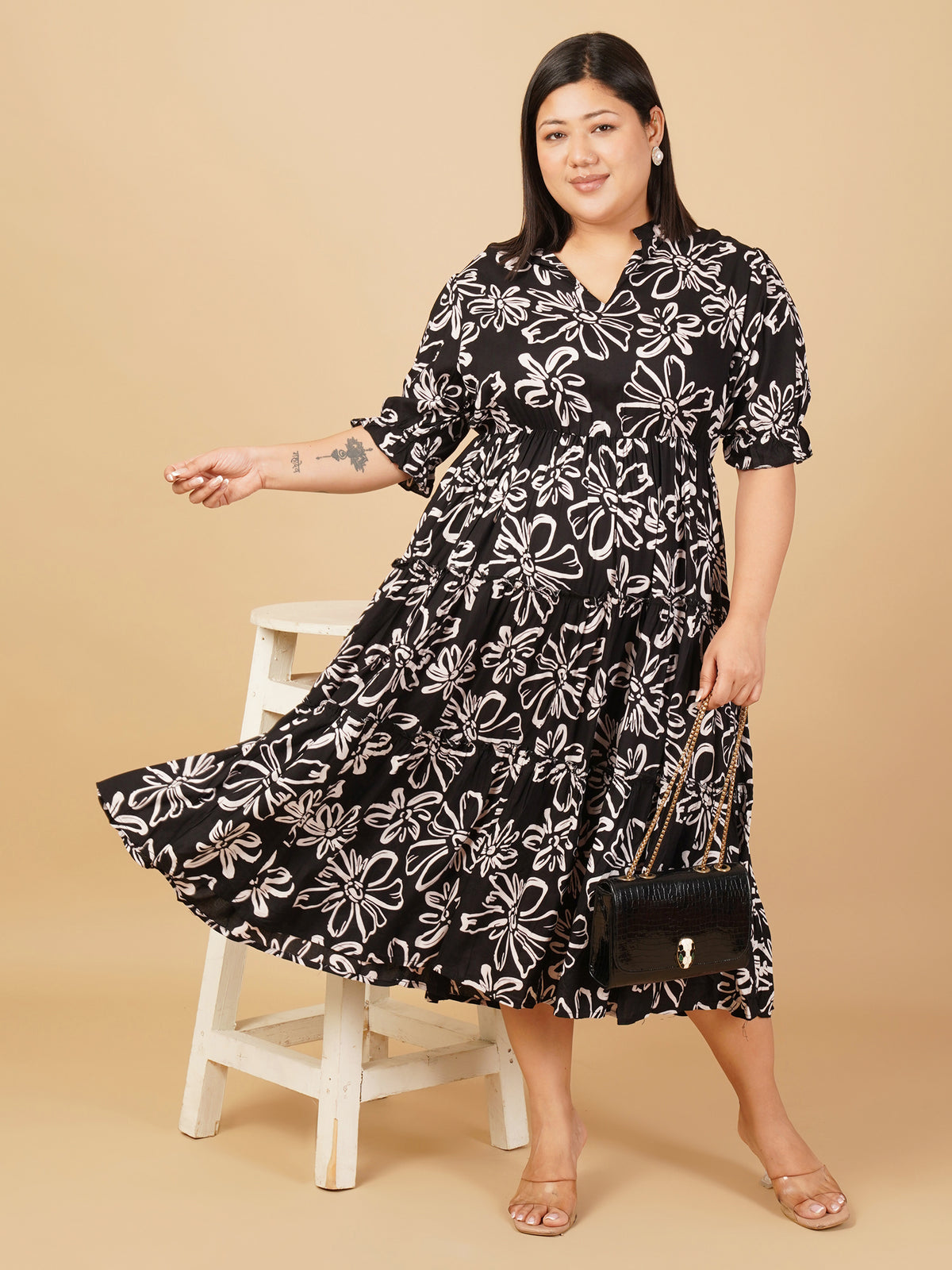 U&F Beyond Plus Size Rayon Black Maxi Dress with Mandarin Neck and Ruffle Sleeves