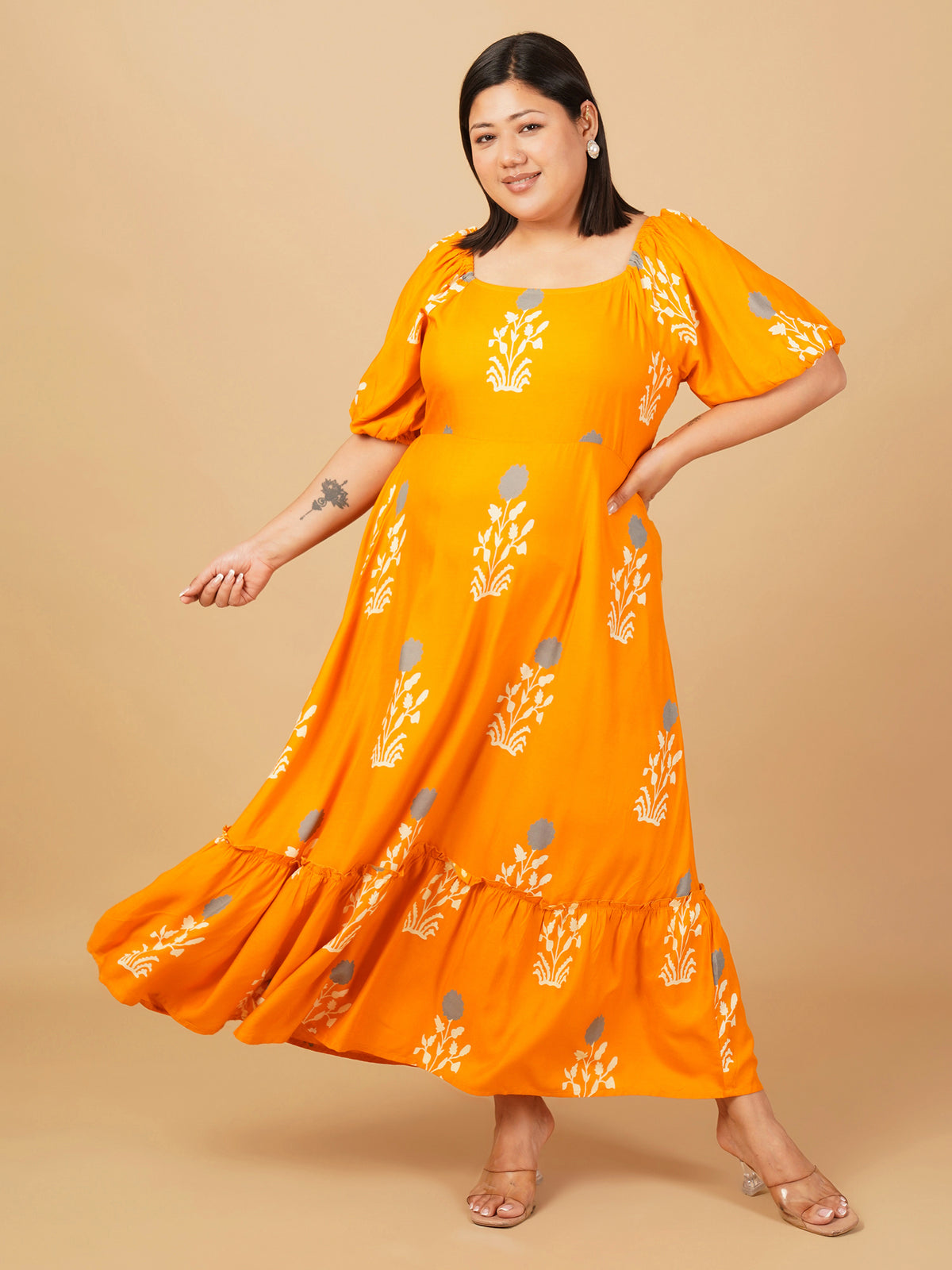 U&F Beyond Mustard Yellow Floral Tiered Midi Rayon Dress