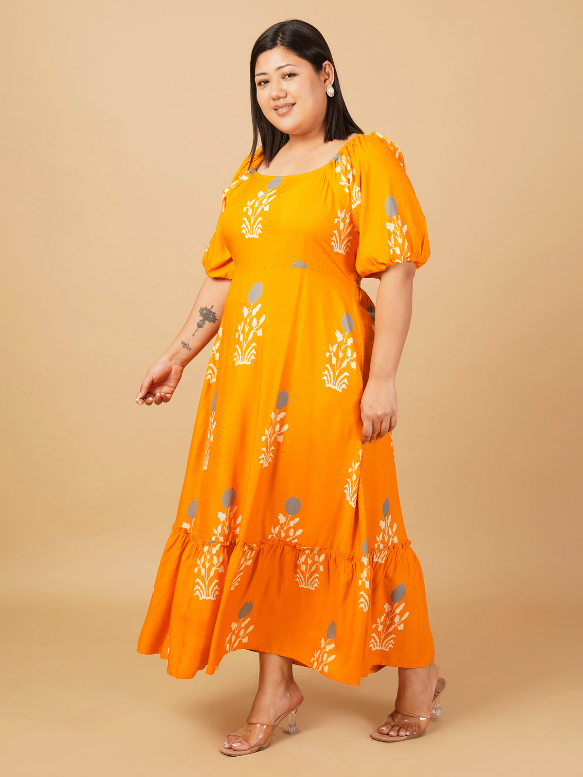 U&F Beyond Mustard Yellow Floral Tiered Midi Rayon Dress