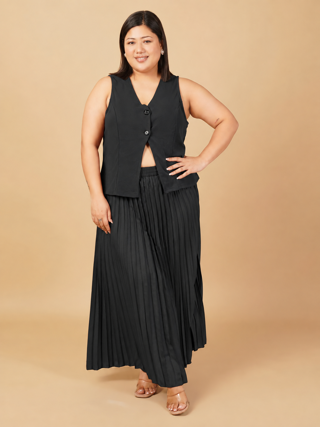U&F Beyond Plus Size Noir Pleated Elegance Co-Ord Set