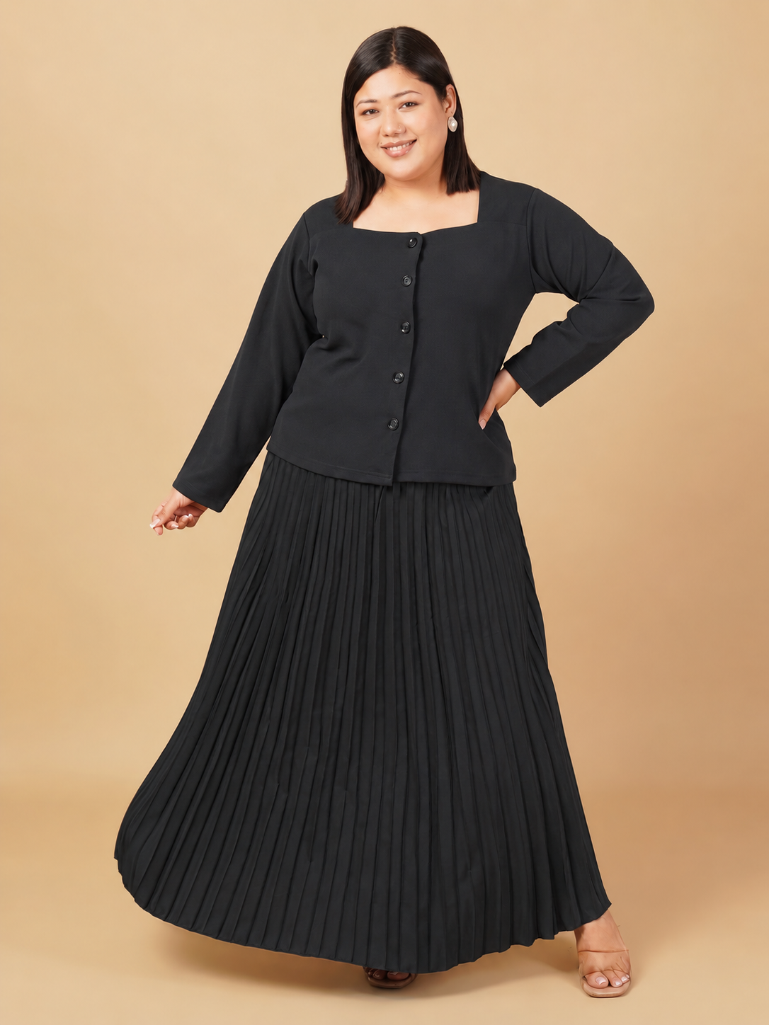 U&F Beyond Black Plus Size Pleated Grace Co-ord Set