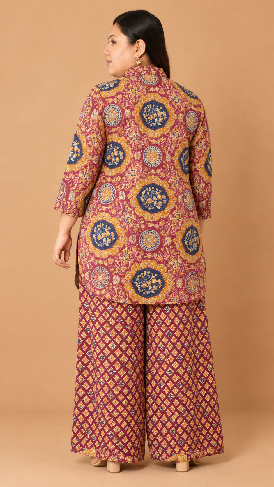 U&F Beyond Women’s Plus Size Maroon Geometric Printed Cotton Kurta Palazzo Set