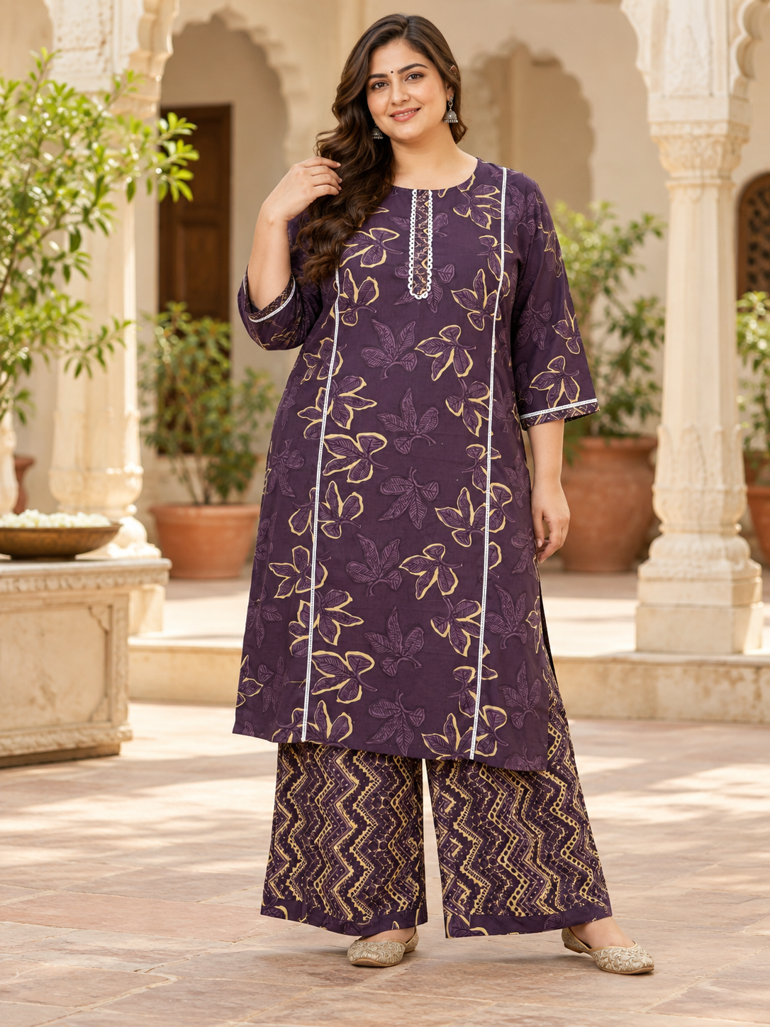U&F Beyond Plus Size Women’s Dark Purple Printed Cotton Kurta Palazzo Set