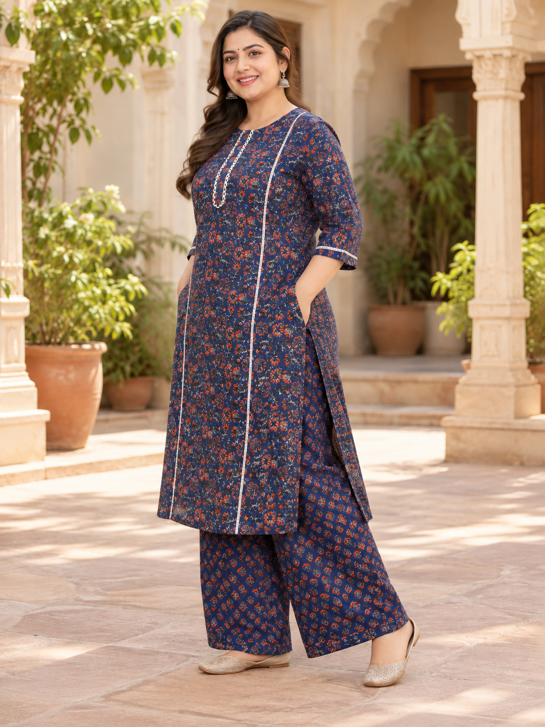 U&F Beyond Plus Size Women’s Navy Blue Floral Printed Cotton Kurta Palazzo Set