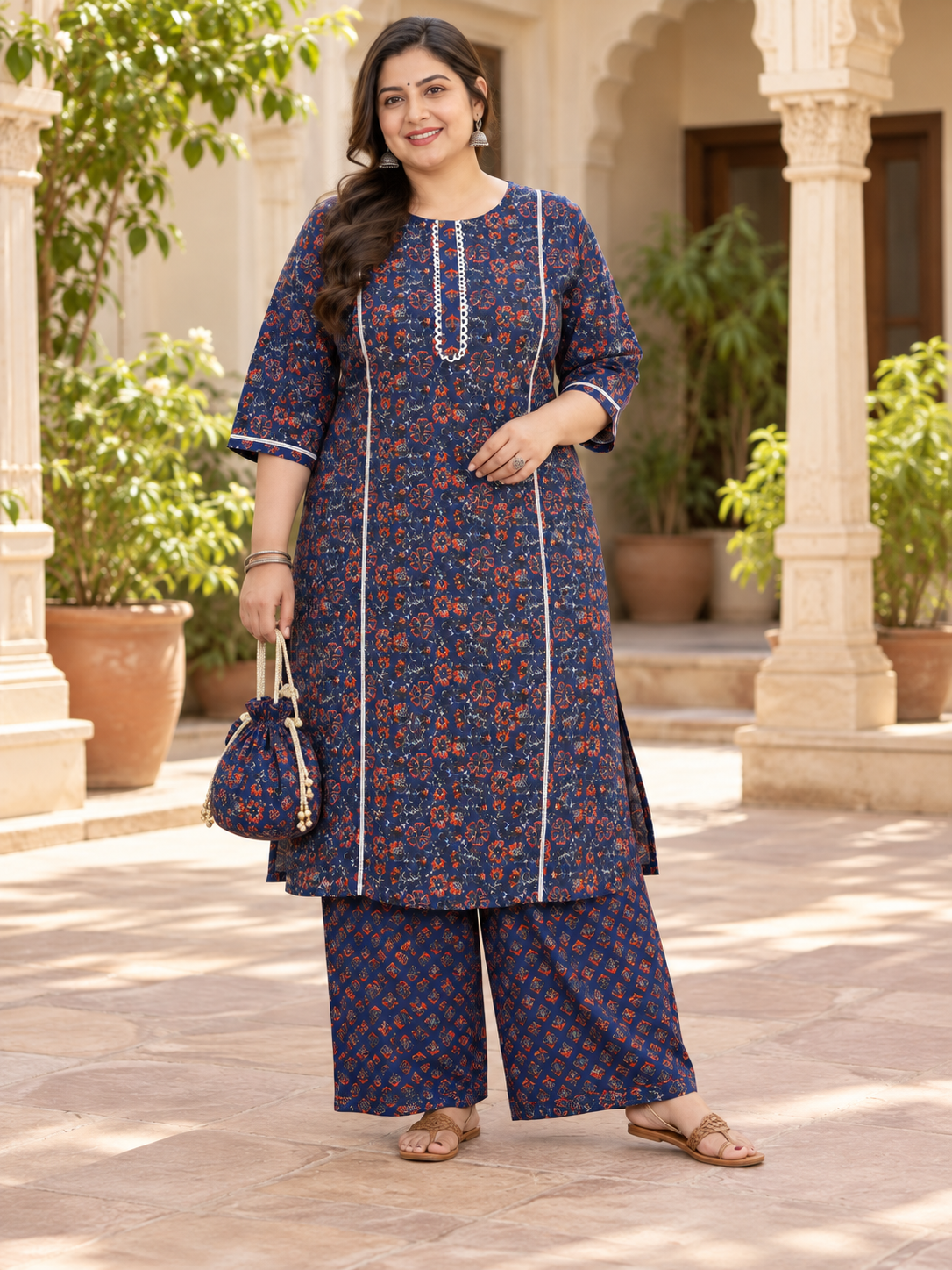U&F Beyond Plus Size Women’s Navy Blue Floral Printed Cotton Kurta Palazzo Set