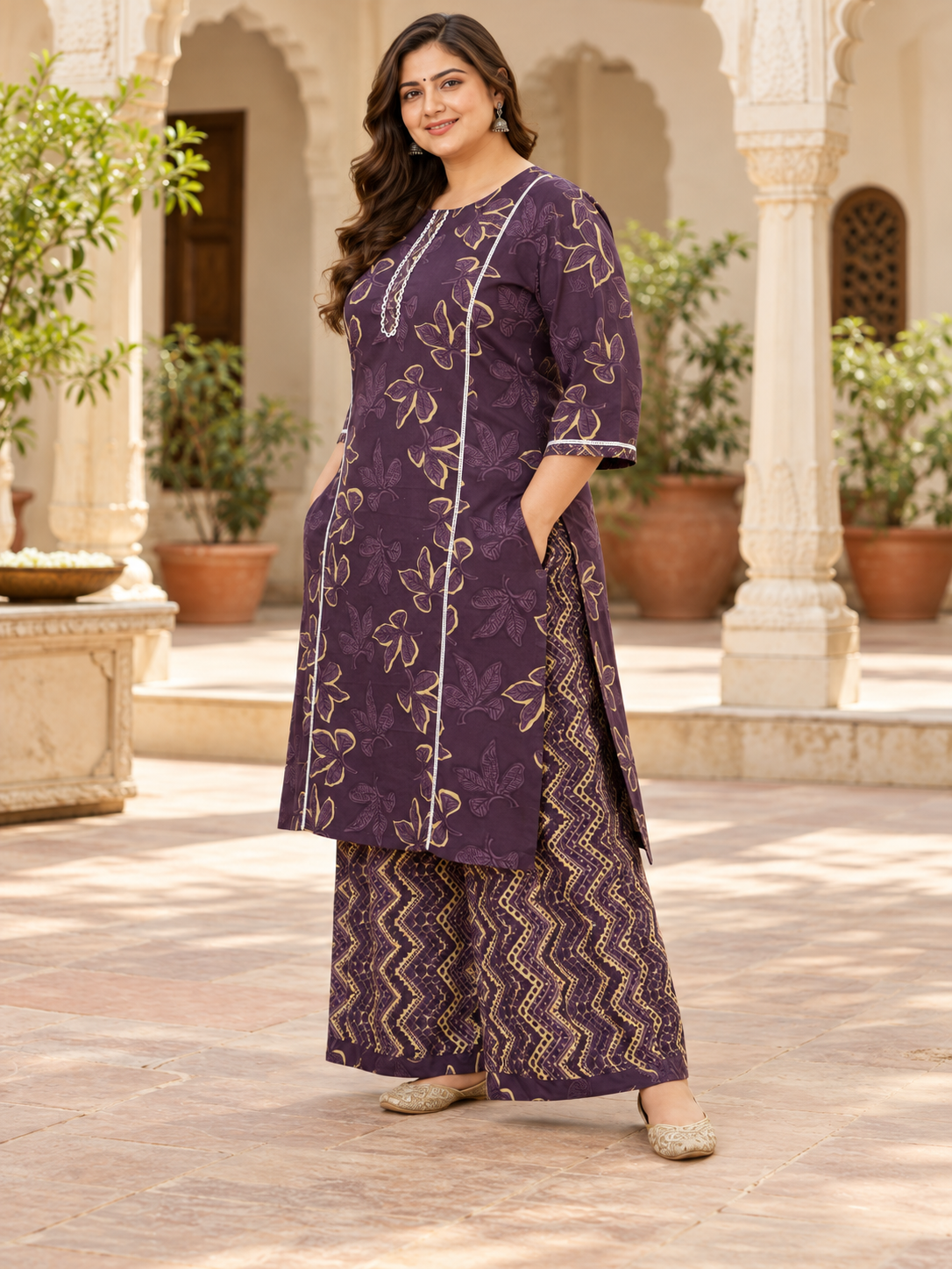 U&F Beyond Plus Size Women’s Dark Purple Printed Cotton Kurta Palazzo Set