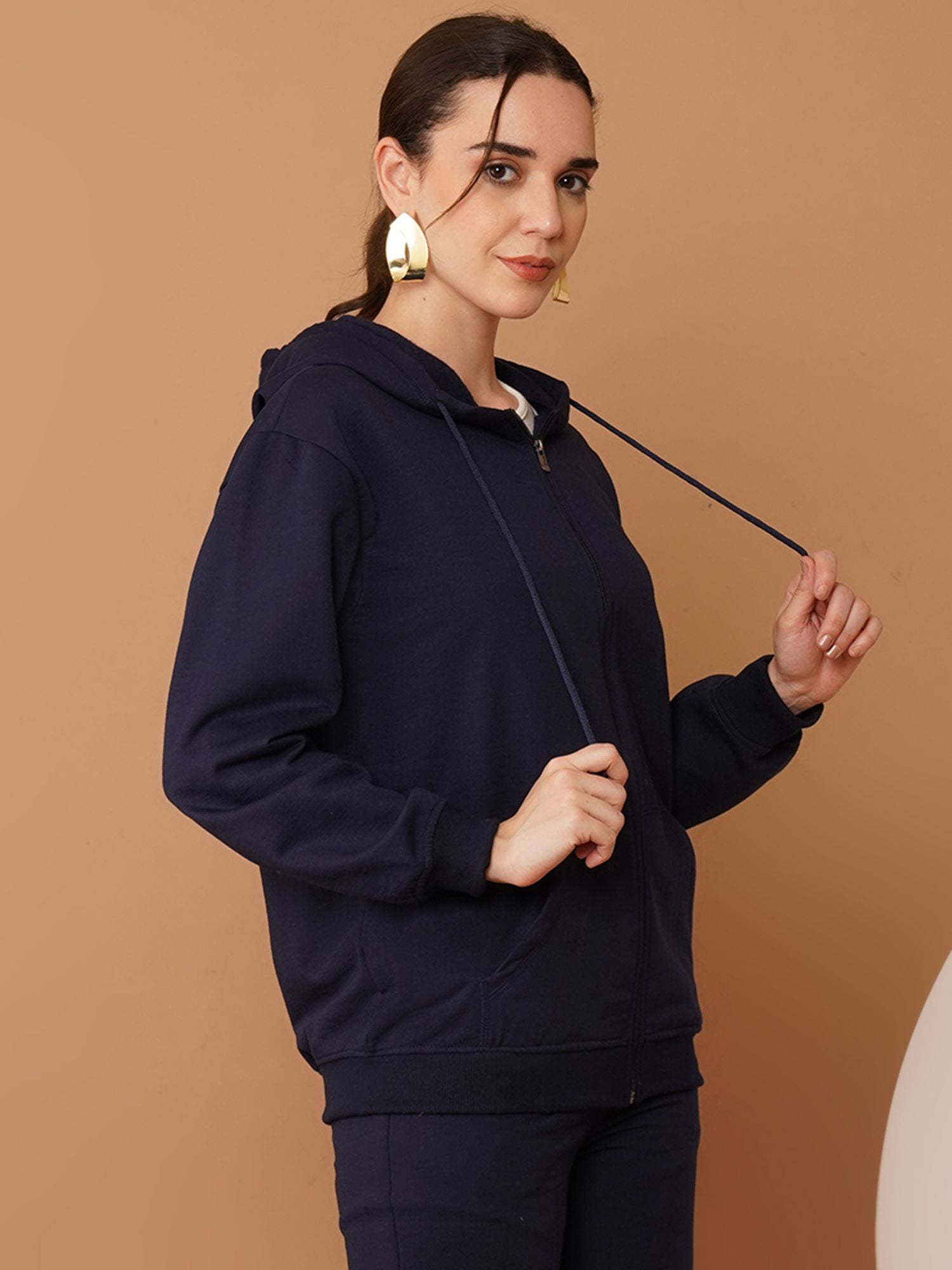 U&F Women’s Navy Blue Zip-Up Sweatshirt – Soft Touch, Breathable Polyester Cotton Hoodie Jacket (S–XL)