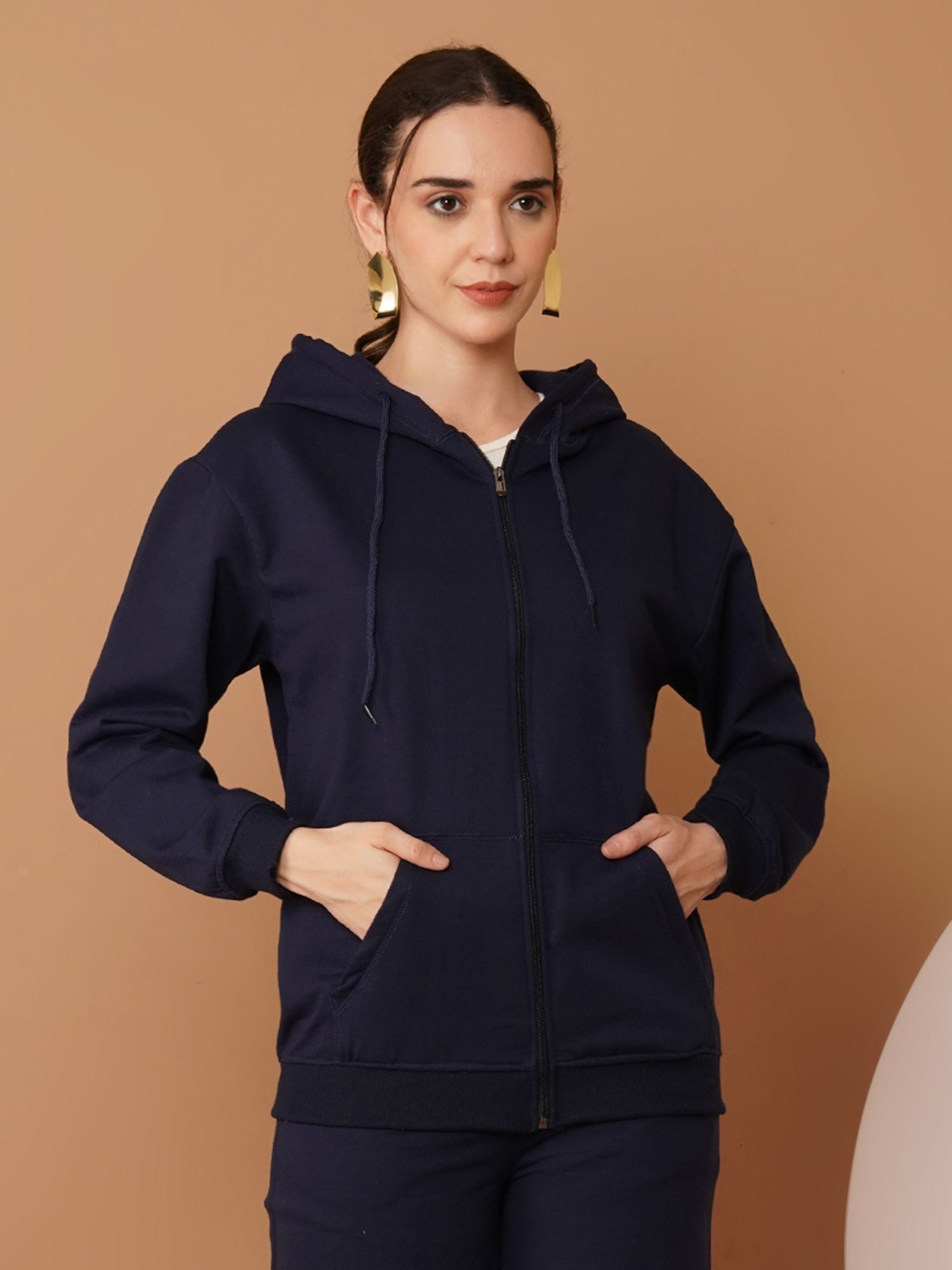 U&F Women’s Navy Blue Zip-Up Sweatshirt – Soft Touch, Breathable Polyester Cotton Hoodie Jacket (S–XL)