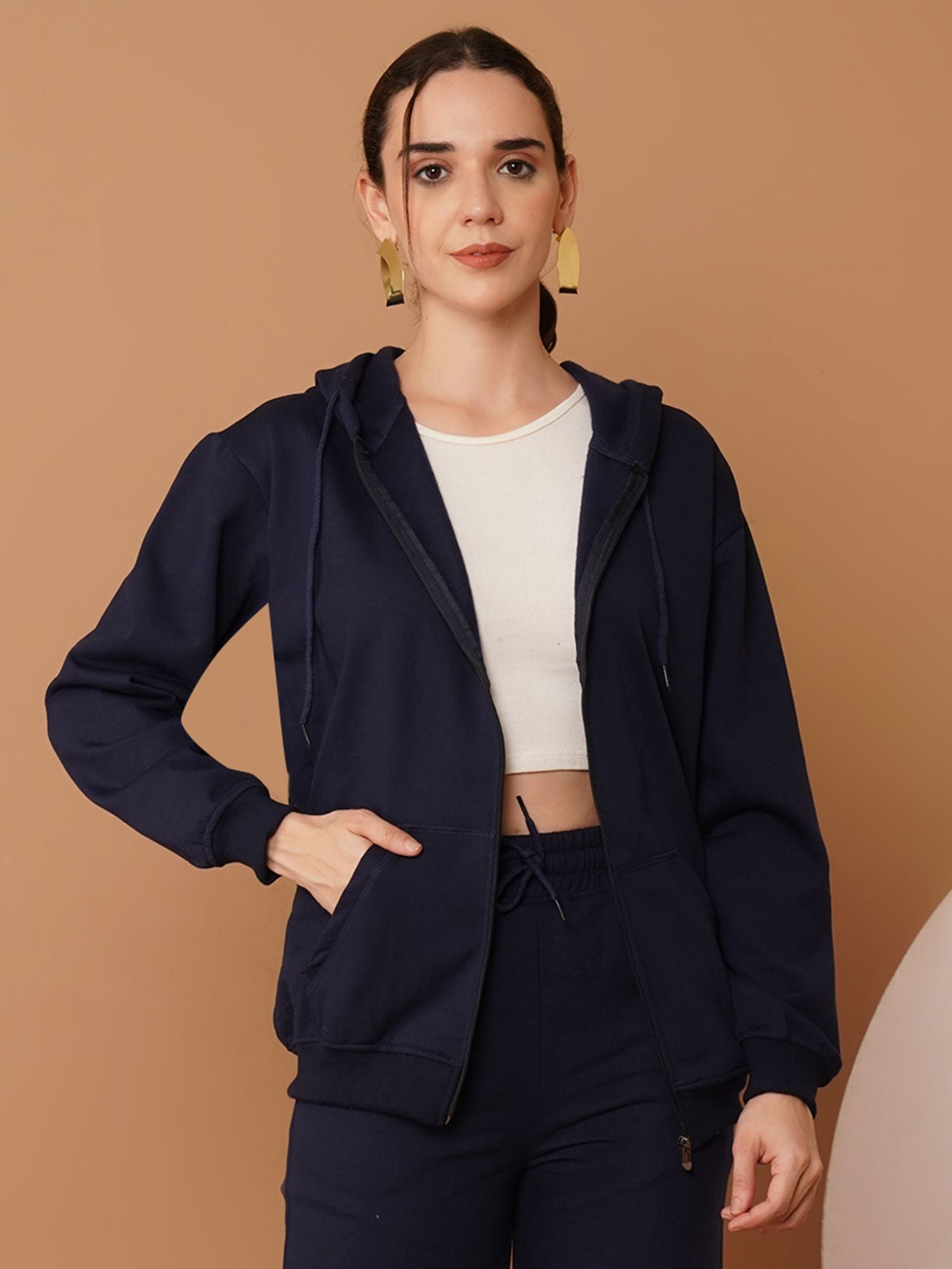 U&F Women’s Navy Blue Zip-Up Sweatshirt – Soft Touch, Breathable Polyester Cotton Hoodie Jacket (S–XL)