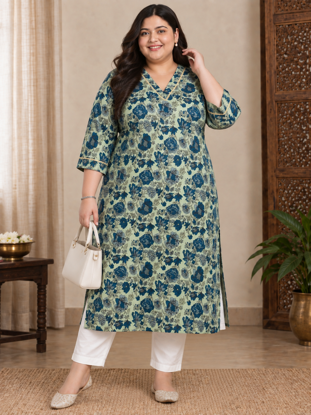 U&F Beyond Plus Size Olive Green Floral Print Cotton Straight Kurta