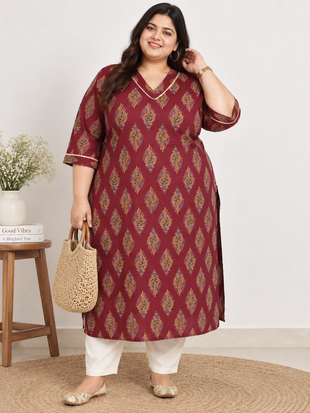 U&F Beyond Plus Size Maroon Paisley Print Cotton Straight Kurta