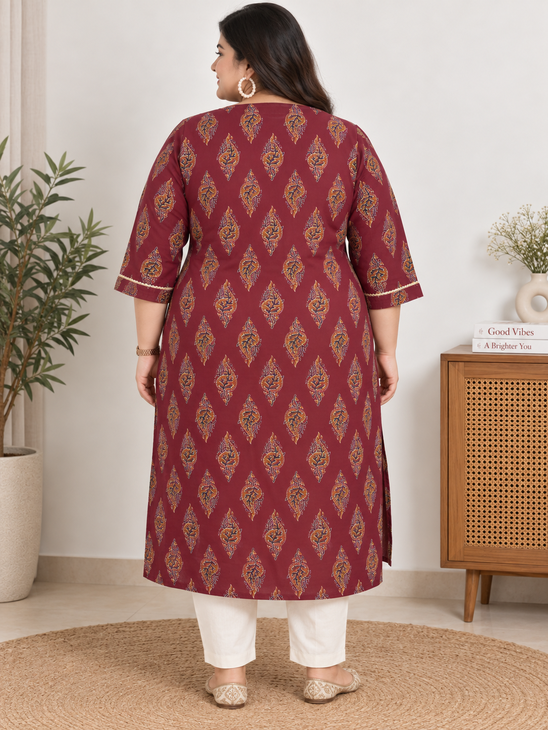 U&F Beyond Plus Size Maroon Paisley Print Cotton Straight Kurta