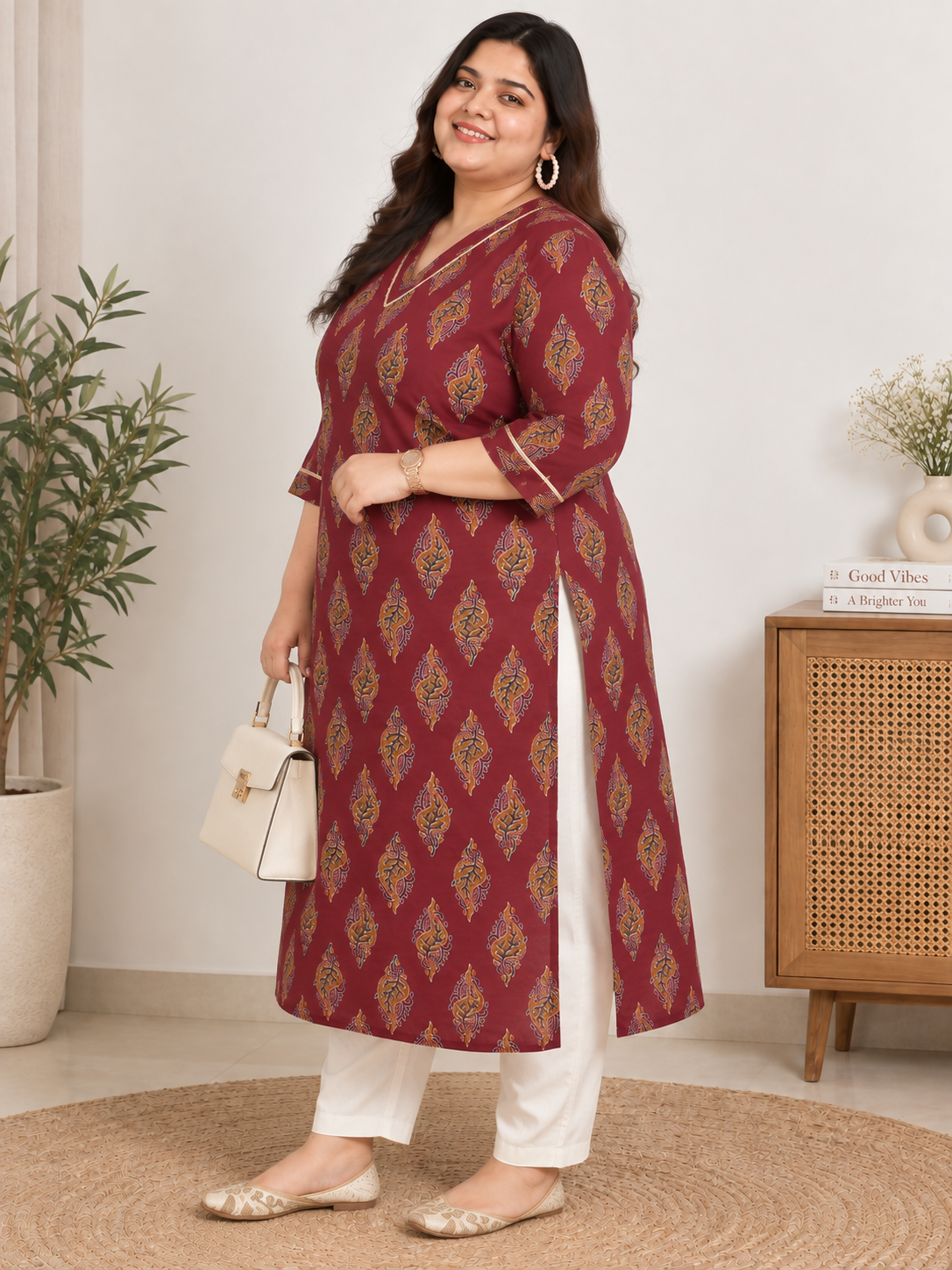 U&F Beyond Plus Size Maroon Paisley Print Cotton Straight Kurta