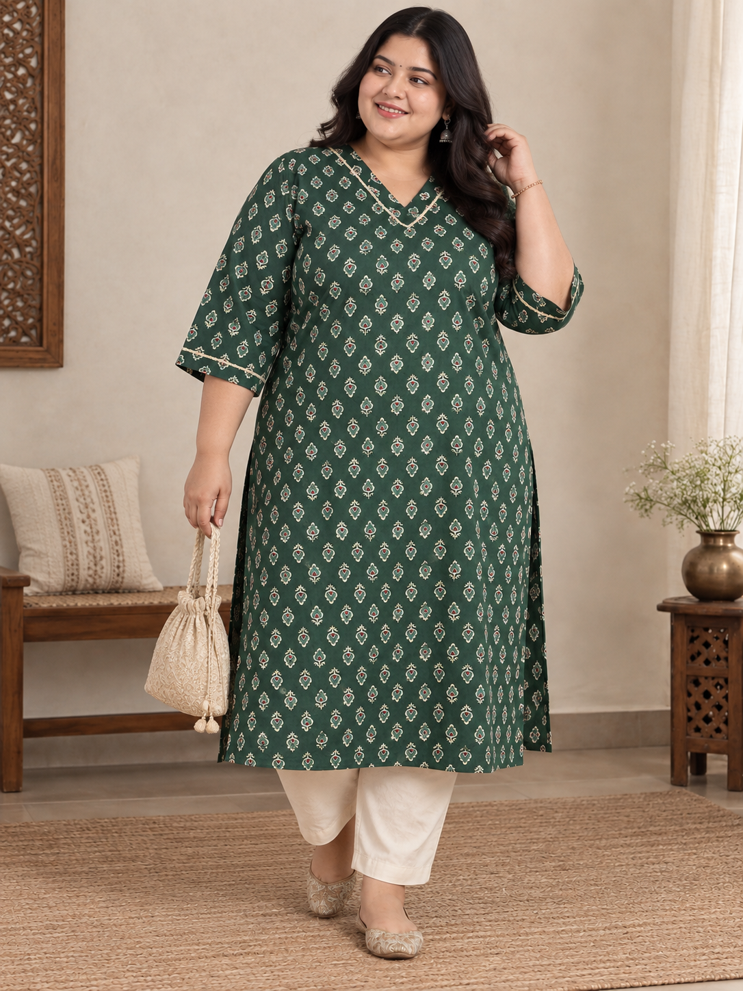 U&F Beyond Plus Size Dark Green Floral Print Cotton Straight Kurta