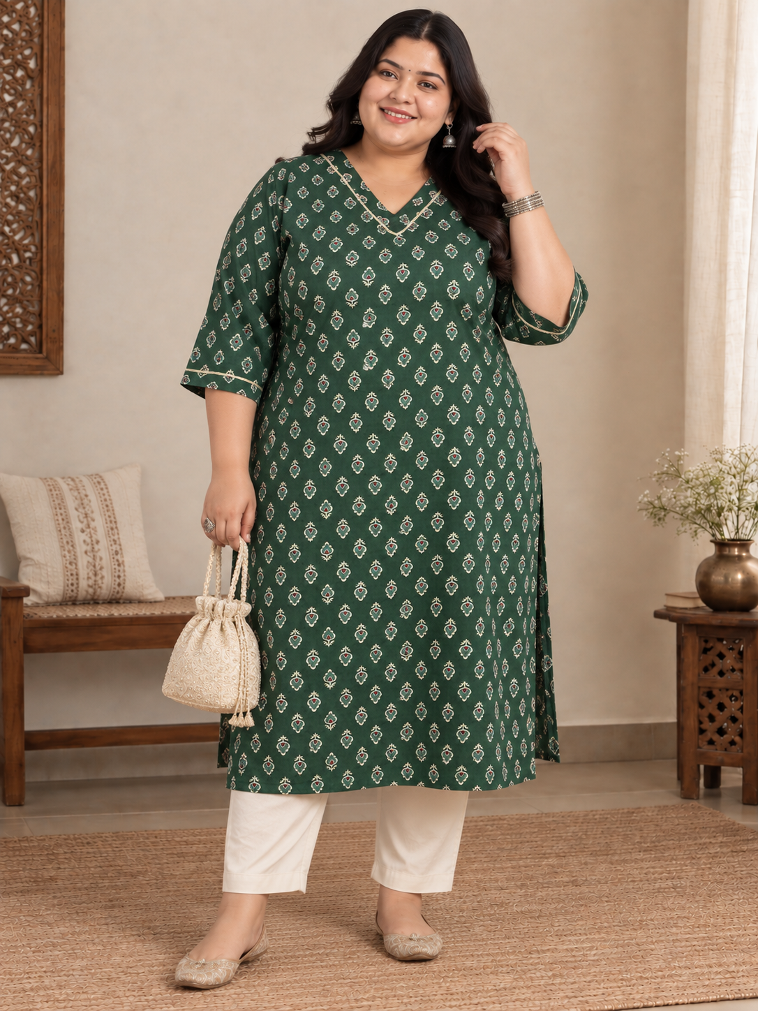 U&F Beyond Plus Size Dark Green Floral Print Cotton Straight Kurta