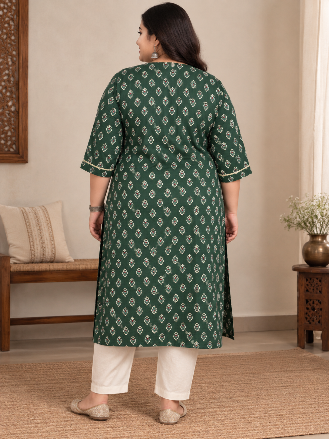 U&F Beyond Plus Size Dark Green Floral Print Cotton Straight Kurta