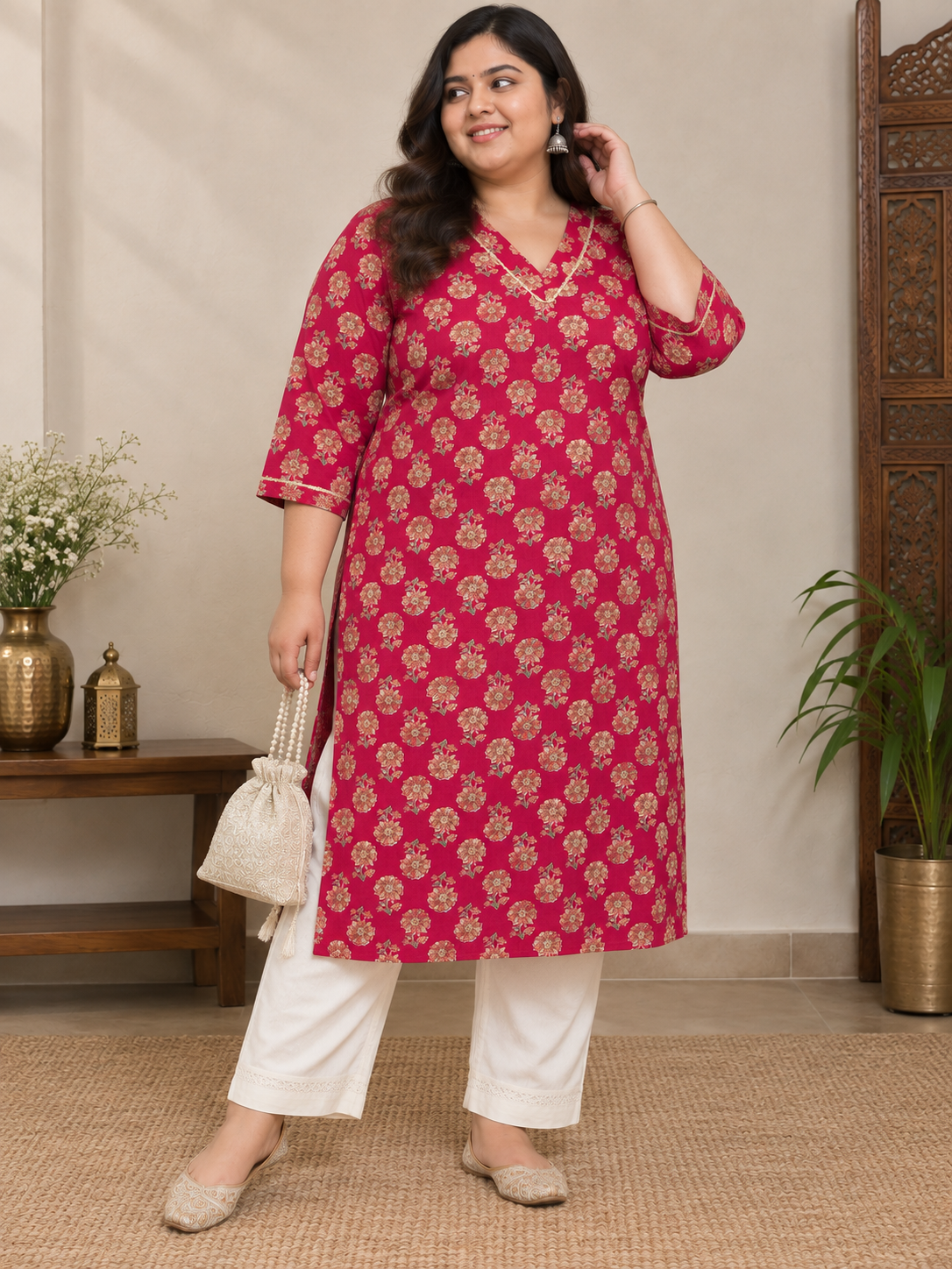 U&F Beyond Plus Size Pink Floral Print Cotton Straight Kurta