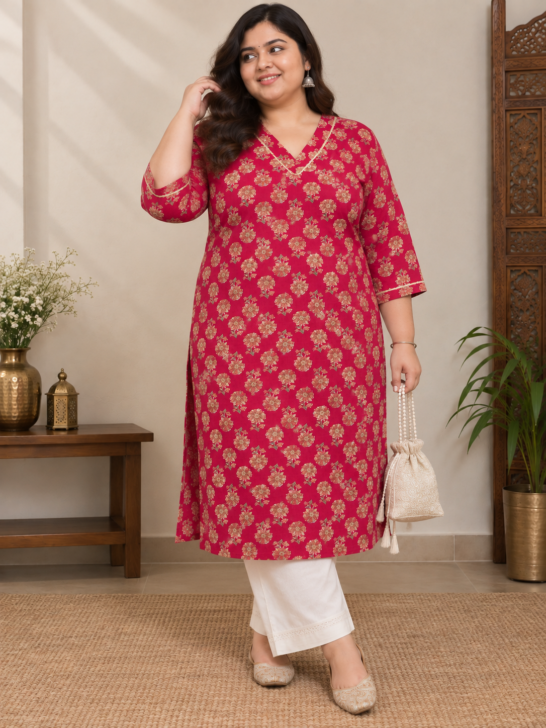 U&F Beyond Plus Size Pink Floral Print Cotton Straight Kurta