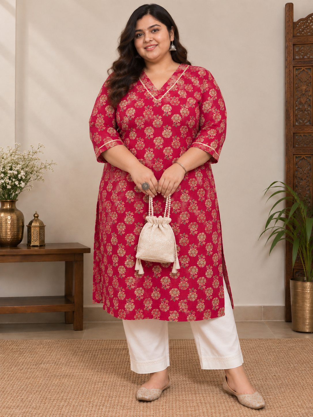 U&F Beyond Plus Size Pink Floral Print Cotton Straight Kurta