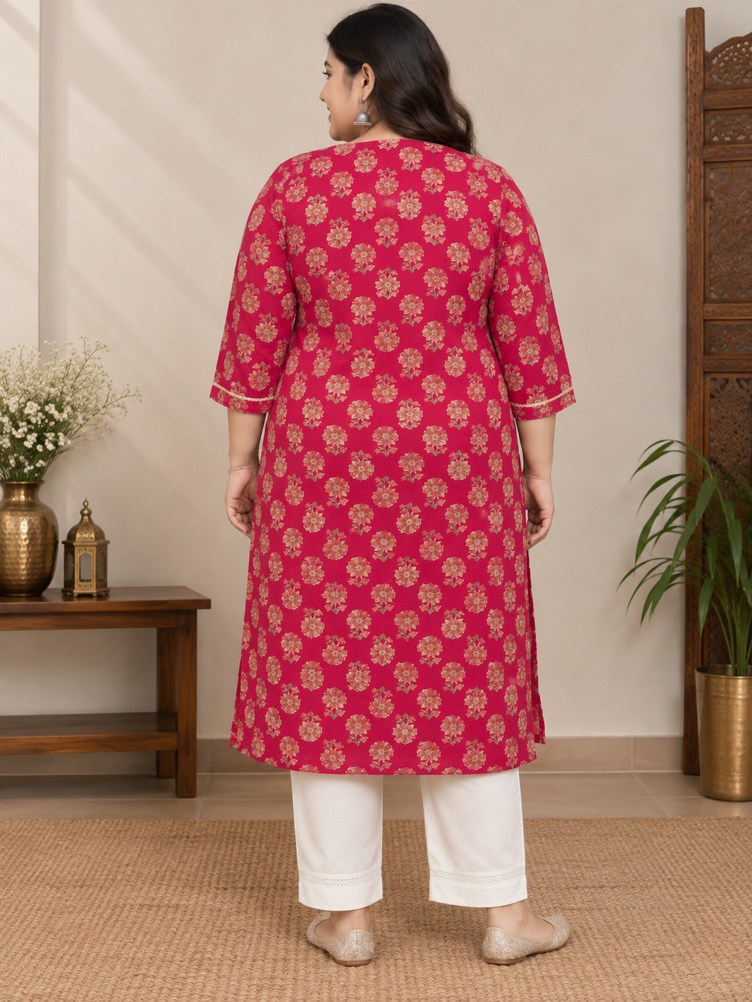 U&F Beyond Plus Size Pink Floral Print Cotton Straight Kurta