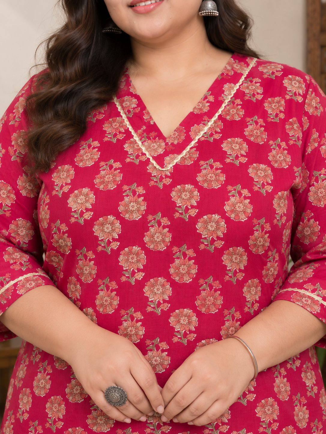 U&F Beyond Plus Size Pink Floral Print Cotton Straight Kurta