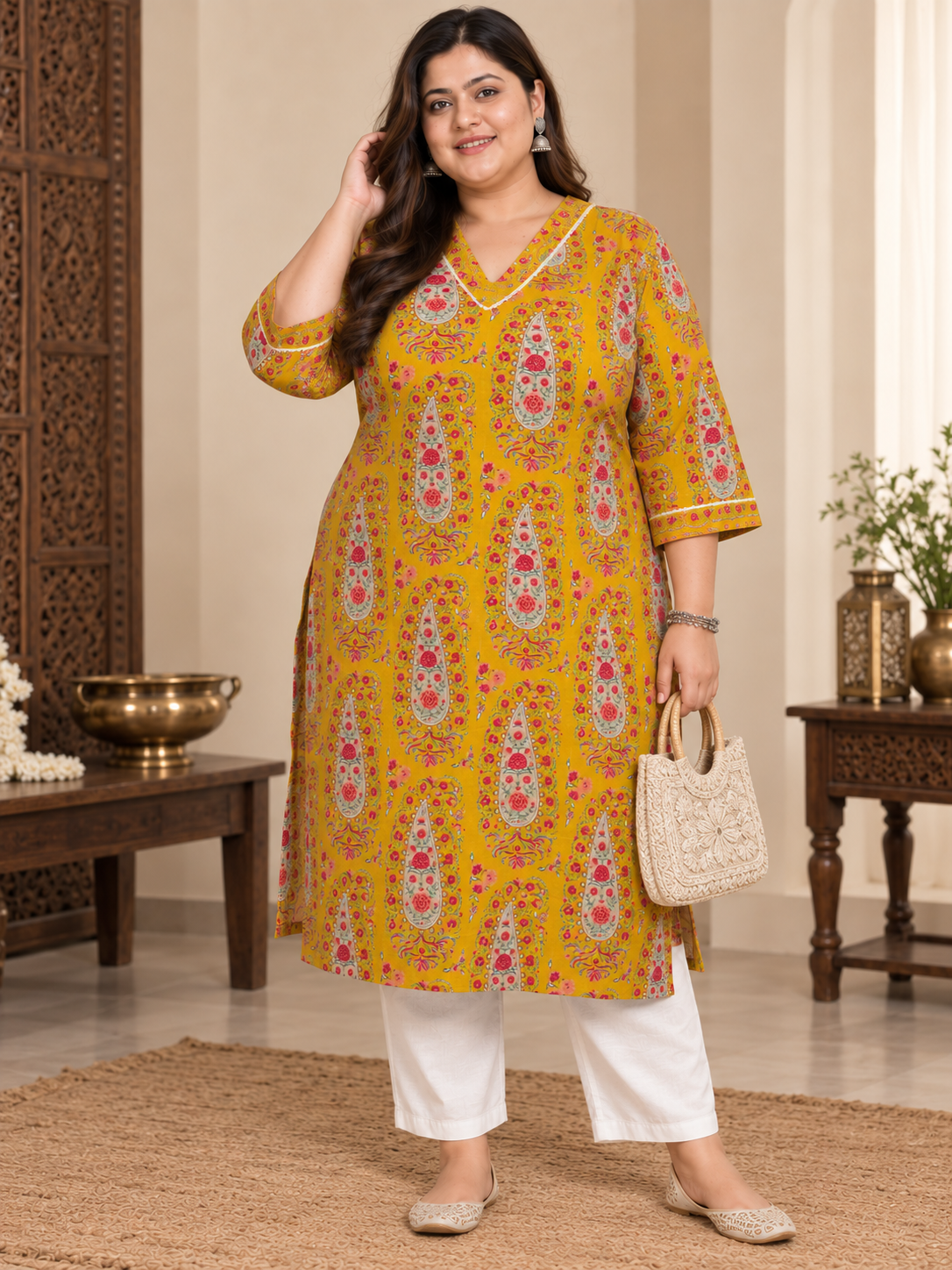 U&F Beyond Plus Size Yellow Printed Cotton Straight Kurta