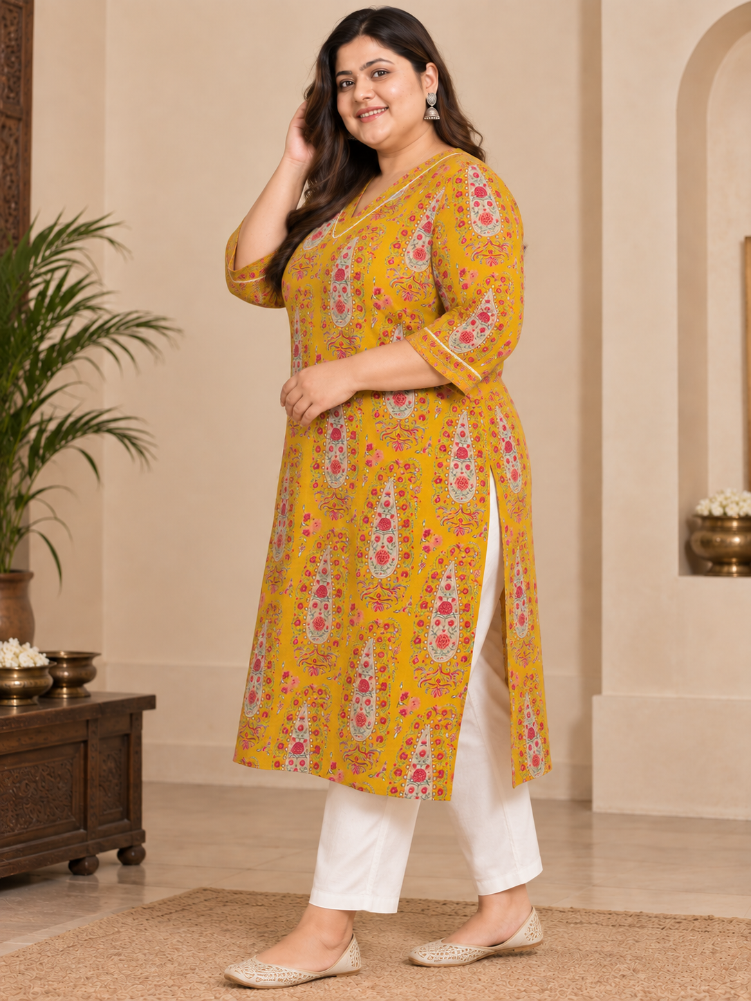 U&F Beyond Plus Size Yellow Printed Cotton Straight Kurta