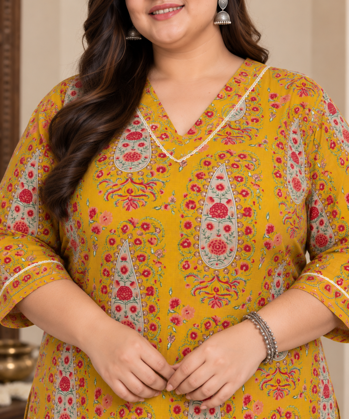 U&F Beyond Plus Size Yellow Printed Cotton Straight Kurta
