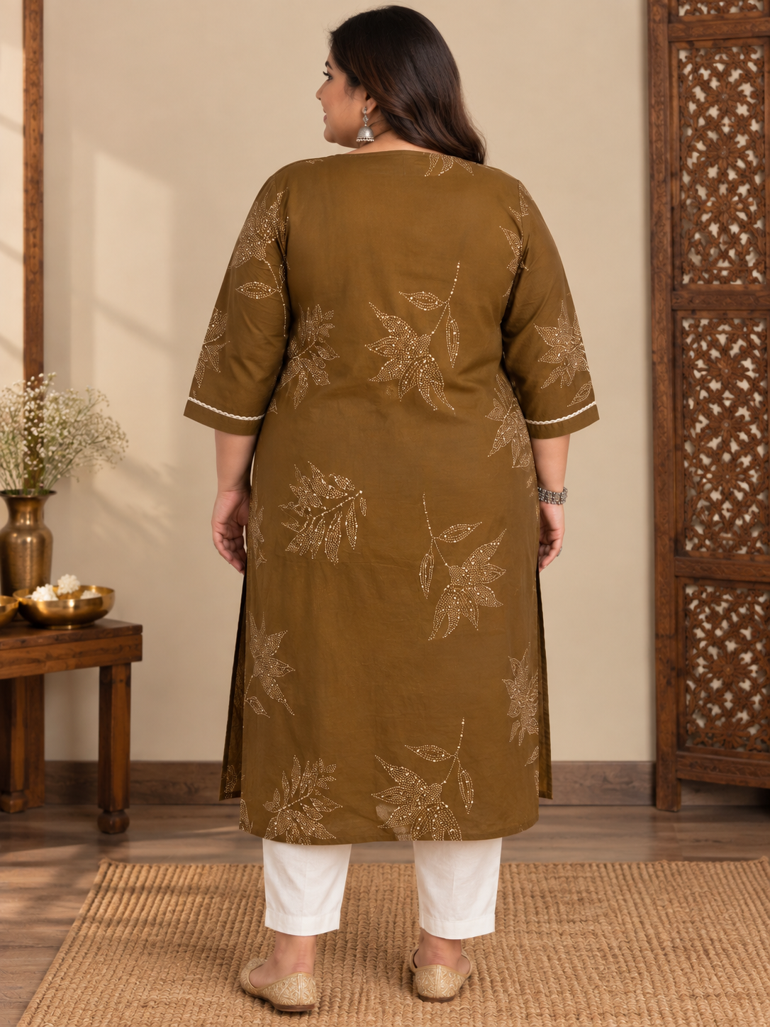 U&F Beyond Plus Size Women Brown Floral Printed Cotton Kurta