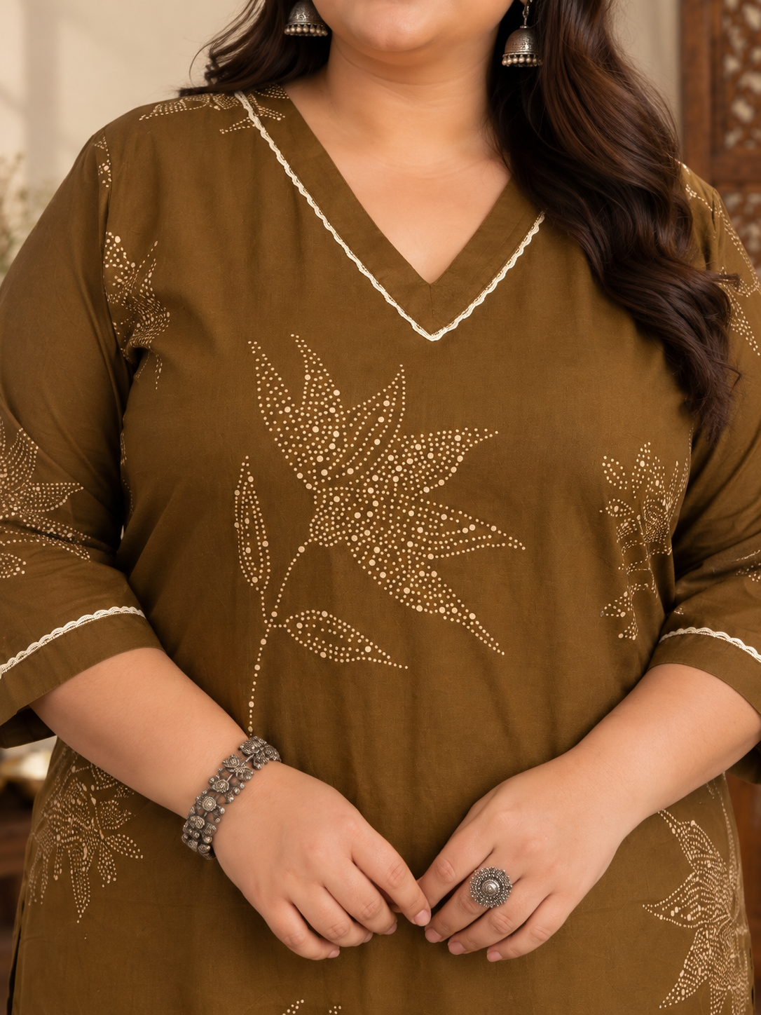 U&F Beyond Plus Size Women Brown Floral Printed Cotton Kurta