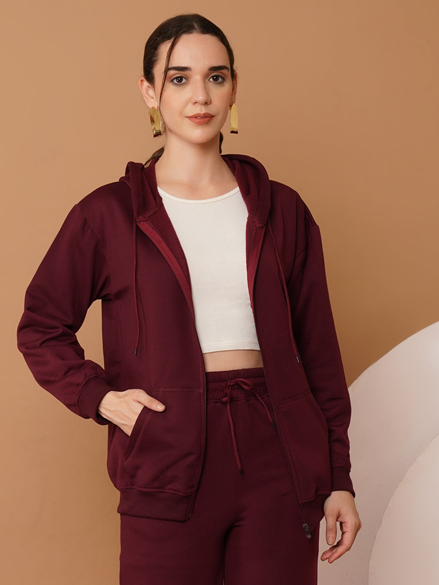 U&F Women’s Maroon Zip-Up Hooded Sweatshirt – Soft Touch, Breathable Polyester Cotton Hoodie (S–XL)