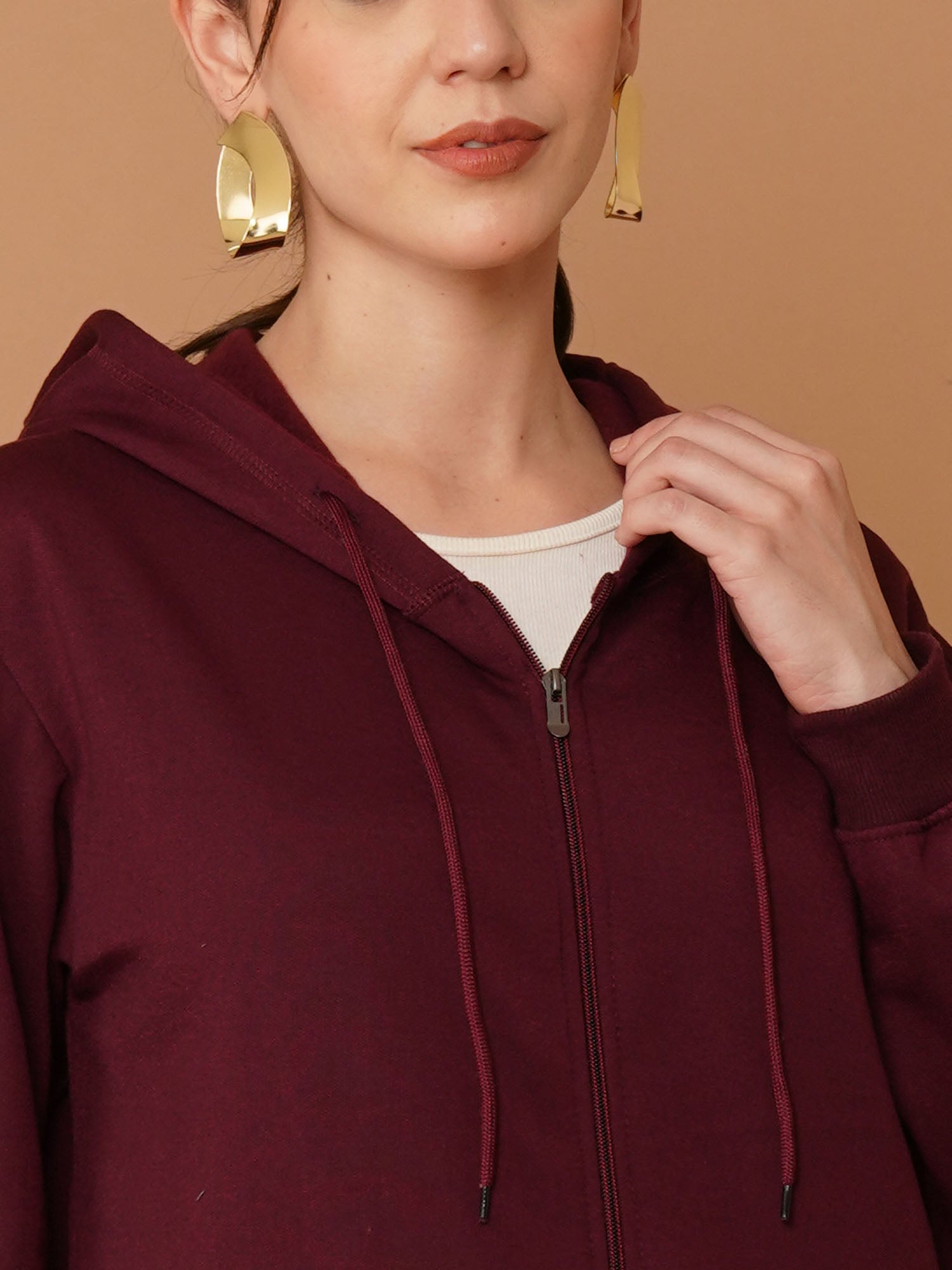 U&F Women’s Maroon Zip-Up Hooded Sweatshirt – Soft Touch, Breathable Polyester Cotton Hoodie (S–XL)