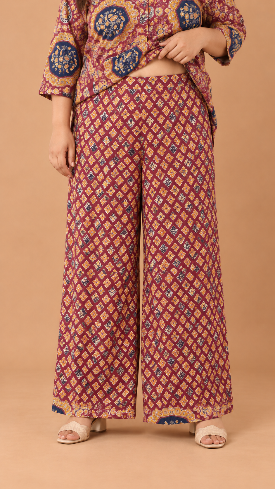 U&F Beyond Women’s Plus Size Maroon Geometric Printed Cotton Kurta Palazzo Set