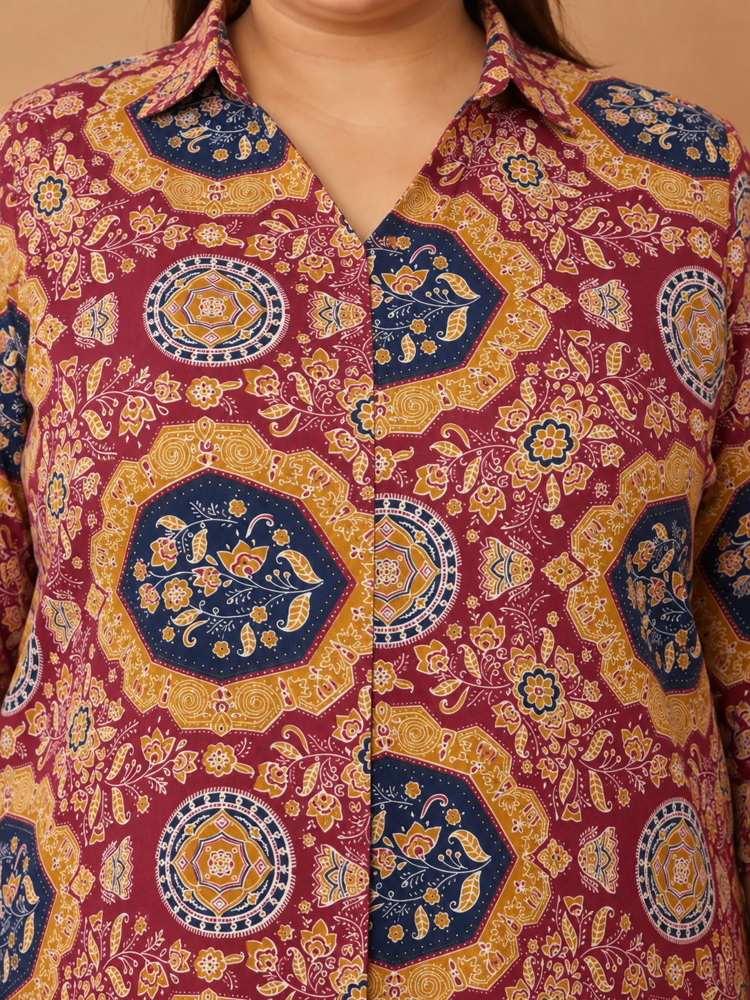 U&F Beyond Women’s Plus Size Maroon Geometric Printed Cotton Kurta Palazzo Set