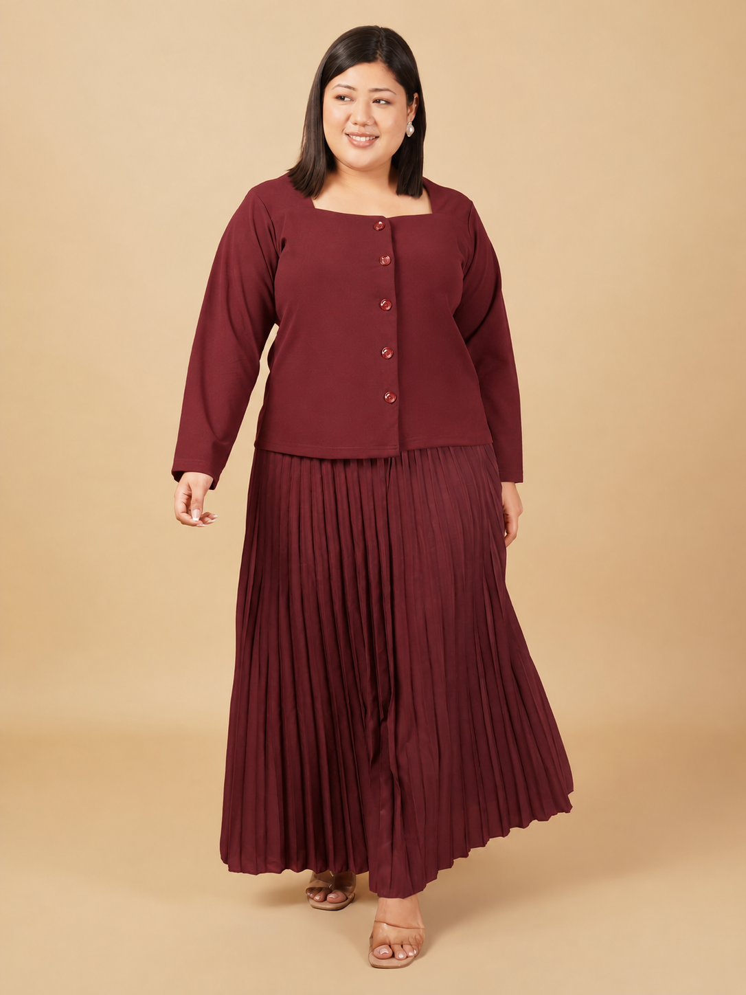 U&F Beyond Plus Size Maroon Pleated Elegance Co-ord Set