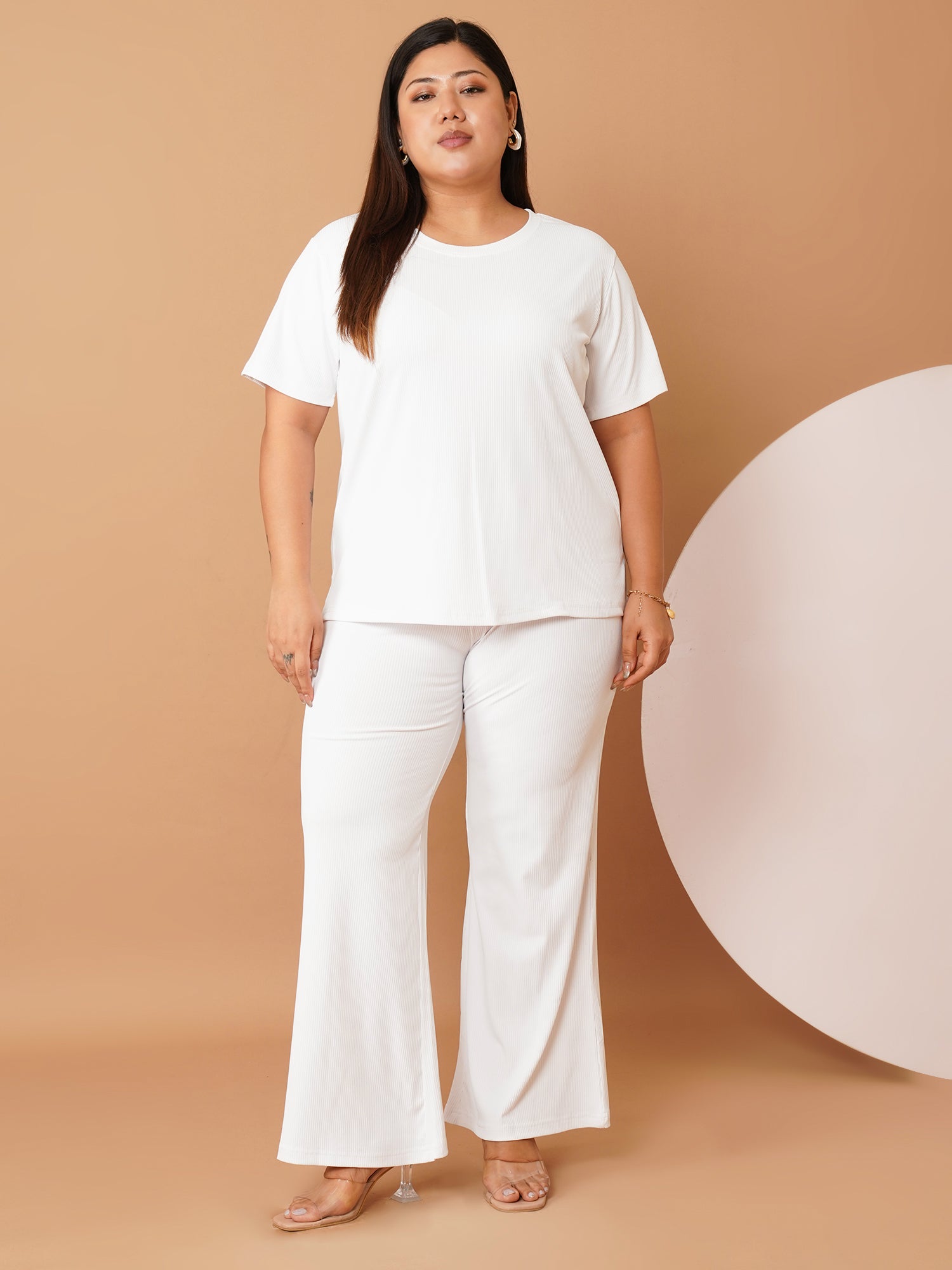 U&F Beyond White Ribbed Polyester Night Suit Set (Top & Bottom, Sizes 3XL–6XL)