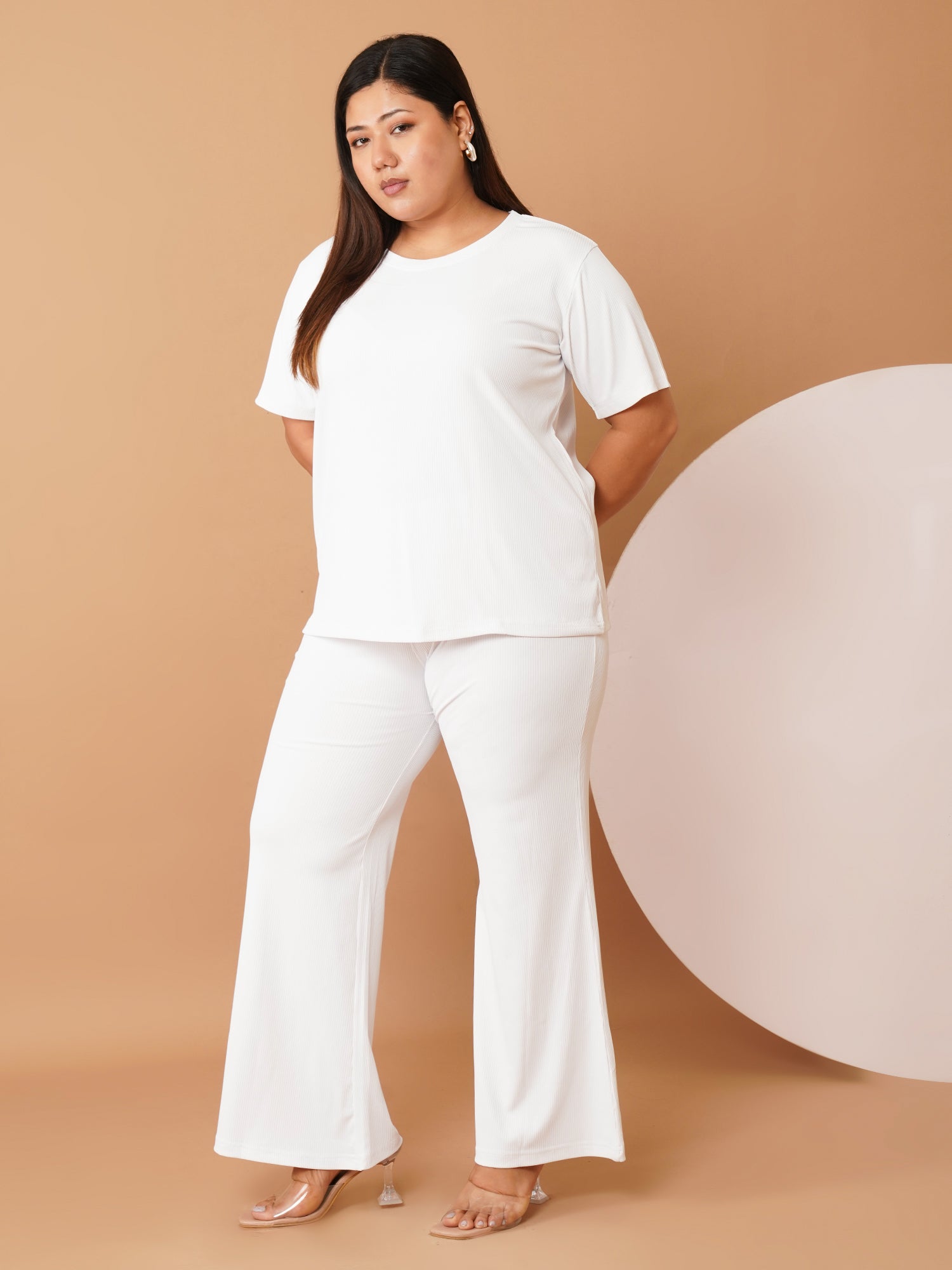 U&F Beyond White Ribbed Polyester Night Suit Set