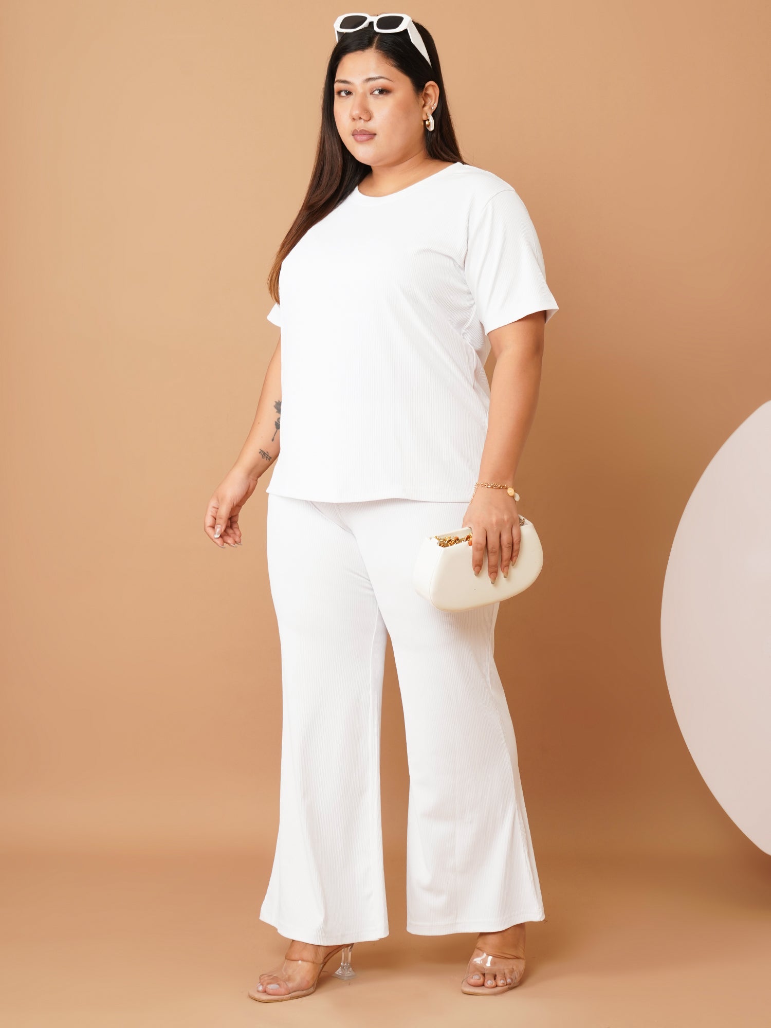 U&F Beyond White Ribbed Polyester Night Suit Set