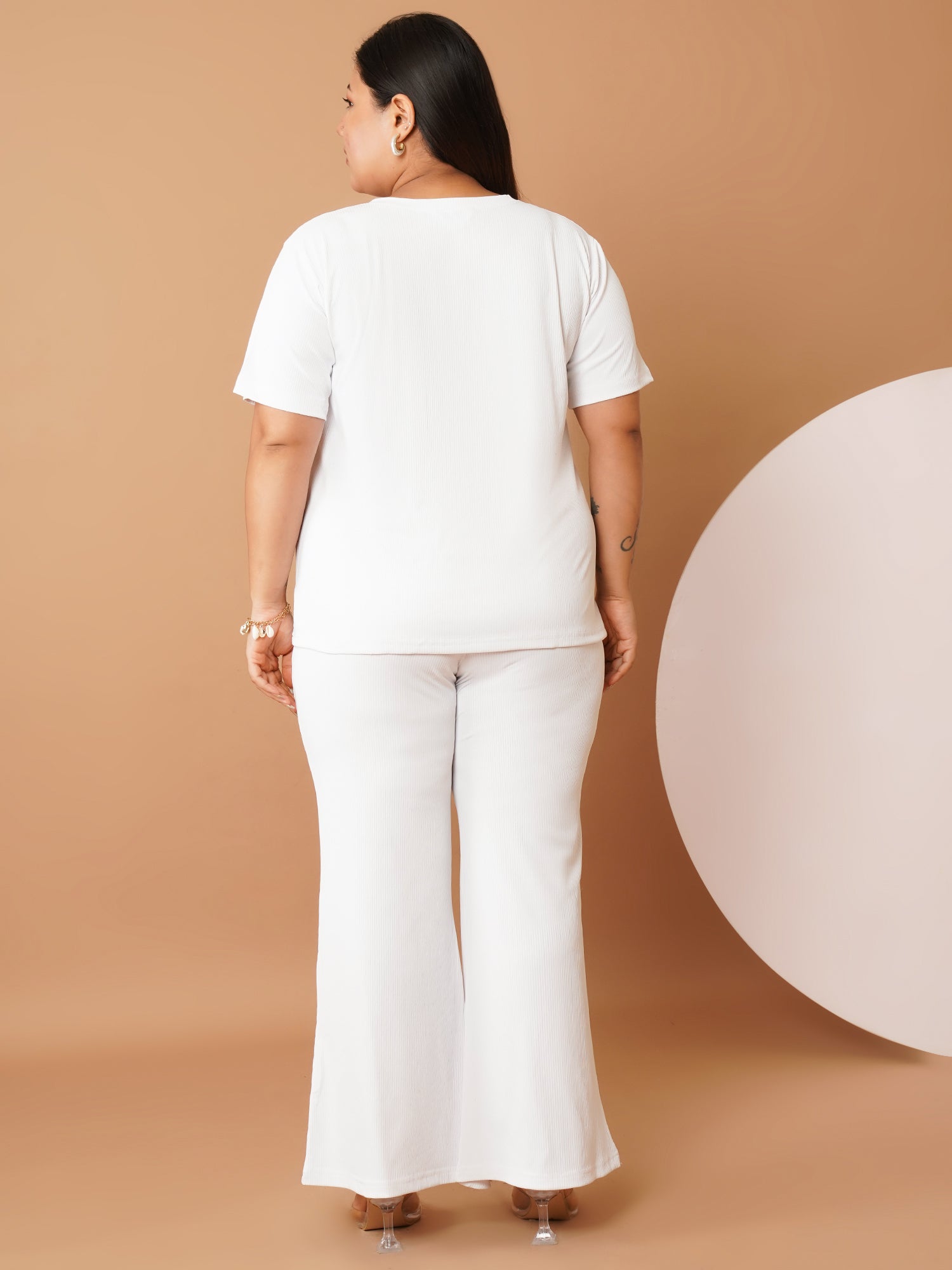 U&F Beyond White Ribbed Polyester Night Suit Set (Top & Bottom, Sizes 3XL–6XL)