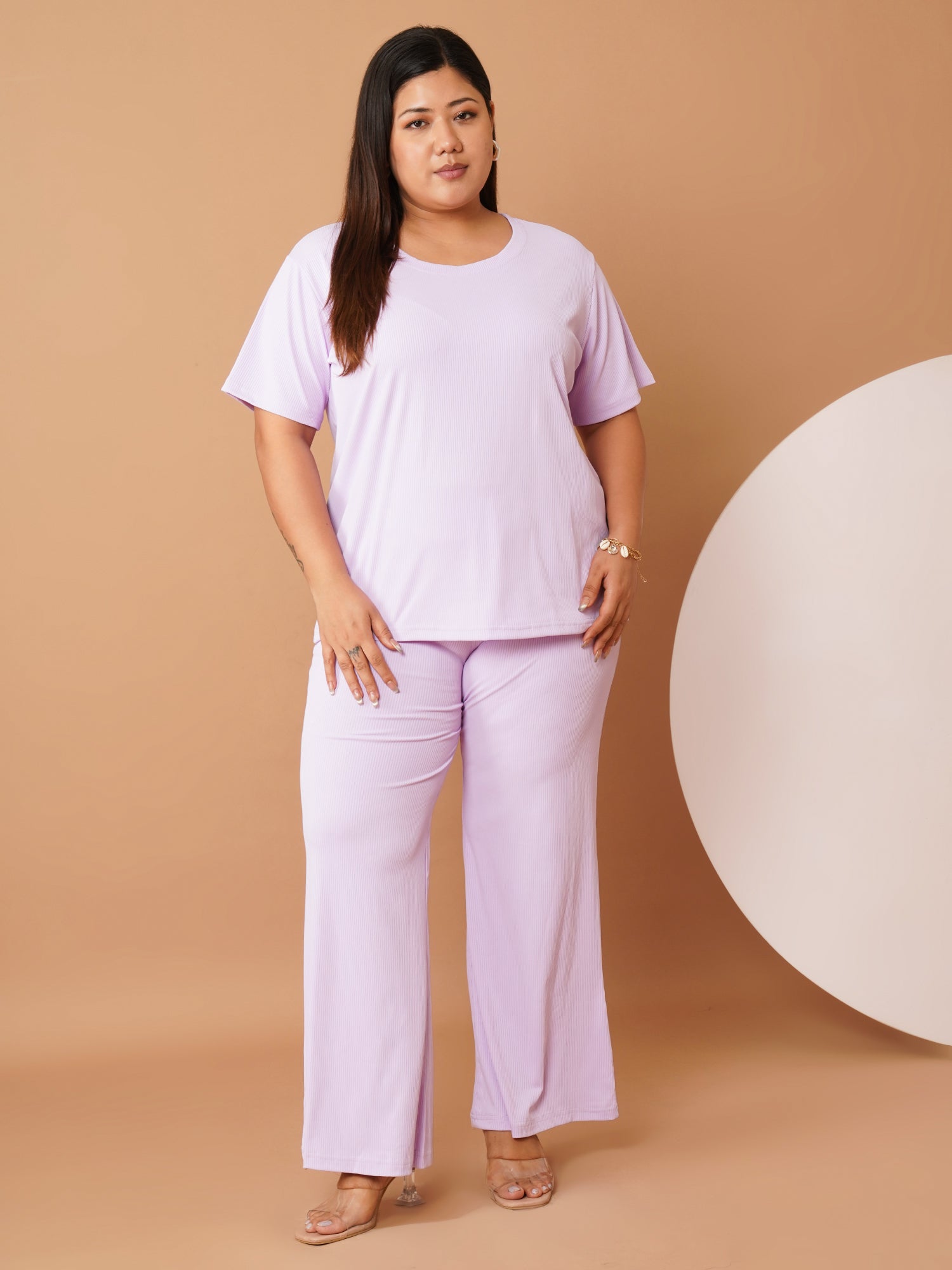 U&F Beyond Lavender Ribbed Polyester Night Suit Set (Top & Bottom, Sizes 3XL–6XL)